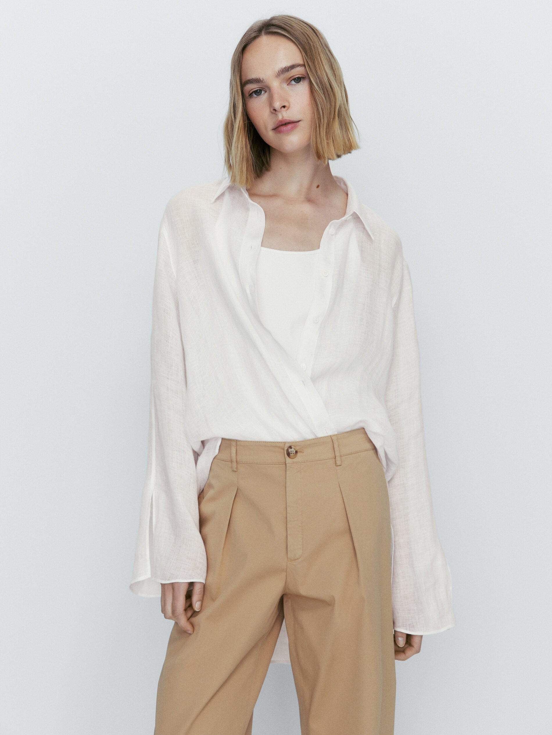 Pantalón sarga pinzas tapered fit - CAMEL MEDIO