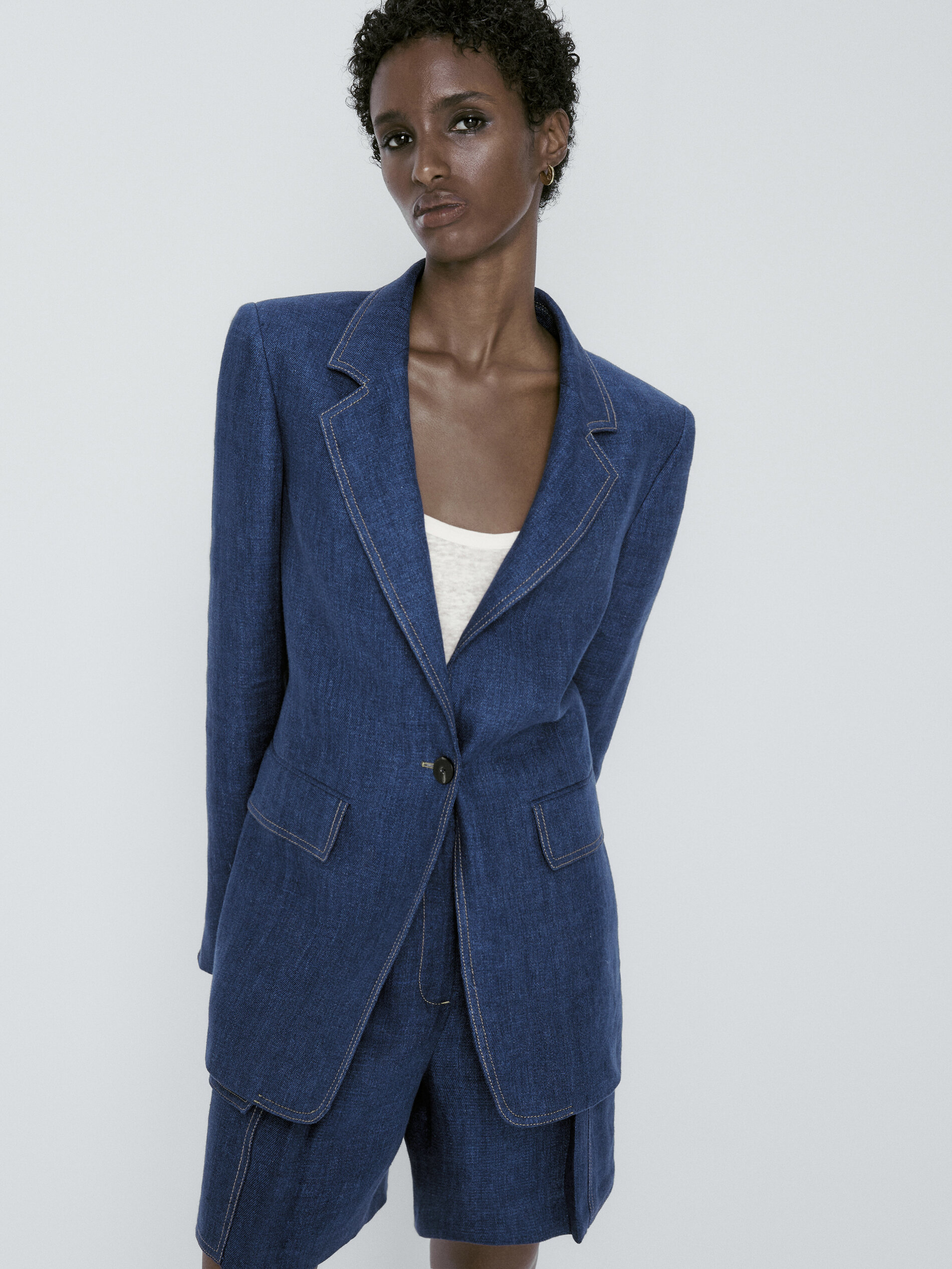 Americana un botón lino pespuntes - AZUL MARINO