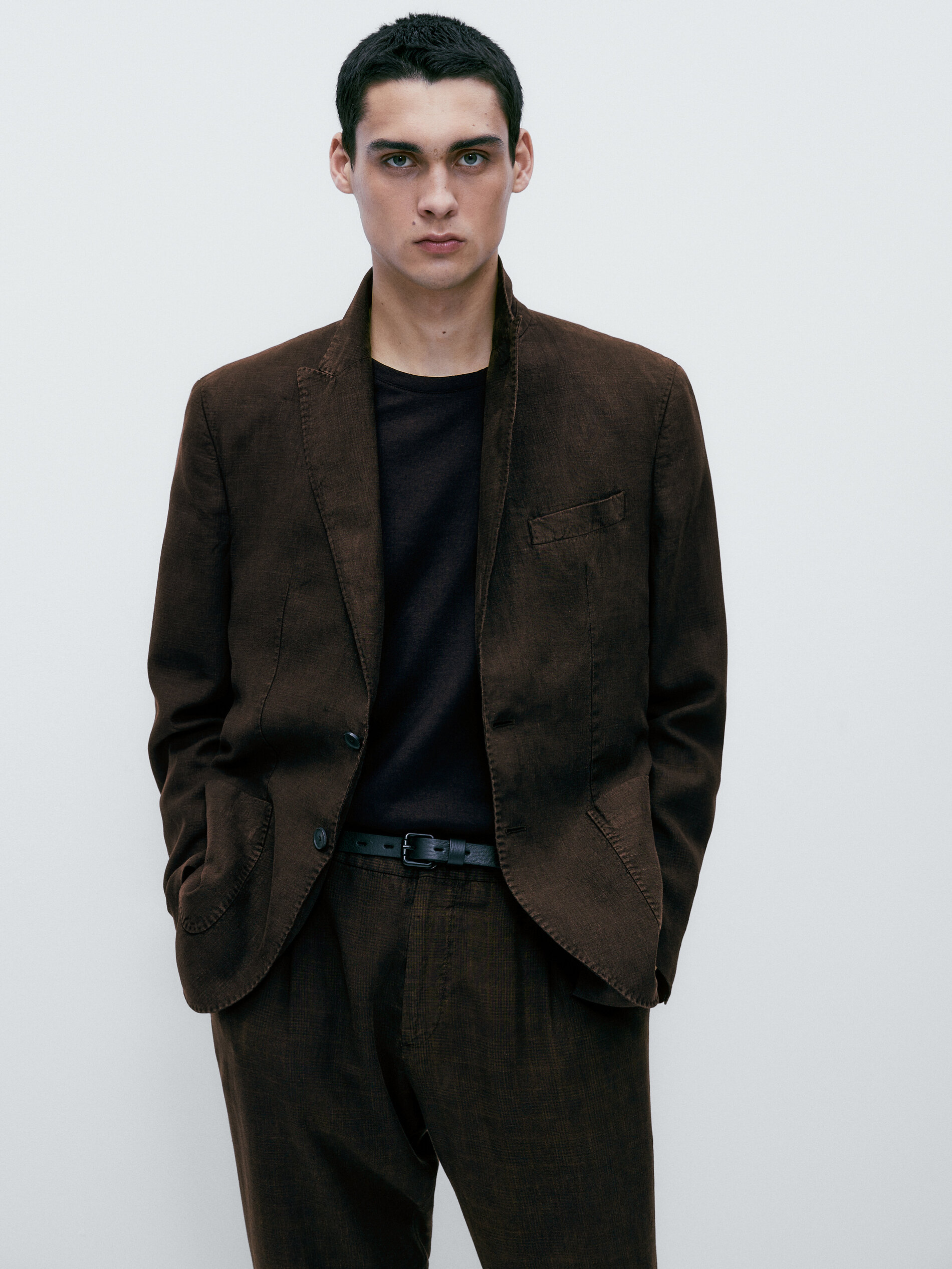 Americana traje con lino tintado falso cuadro - MARRÓN