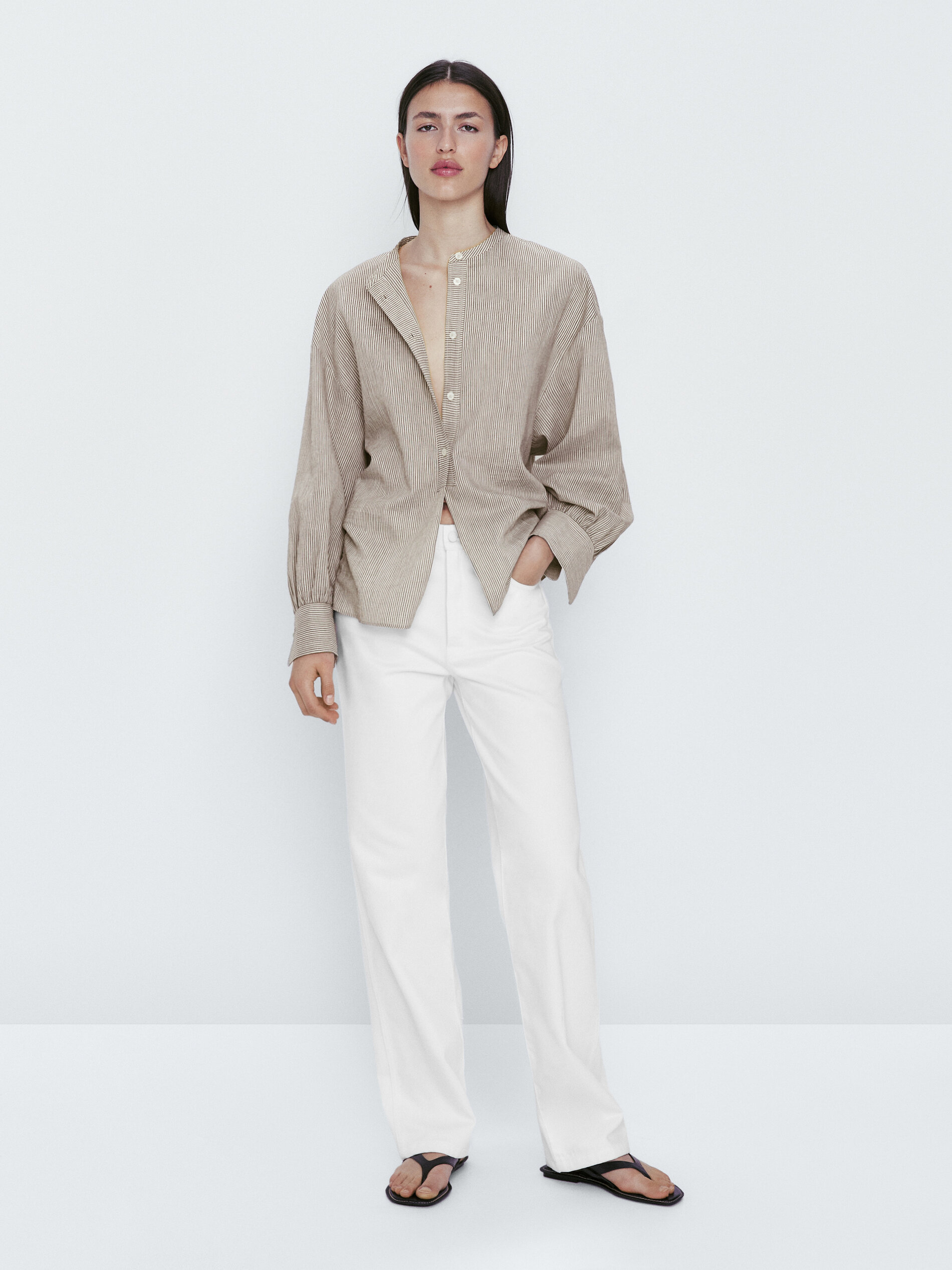 Camisa rayas manga volumen cuello mao - MARRÓN