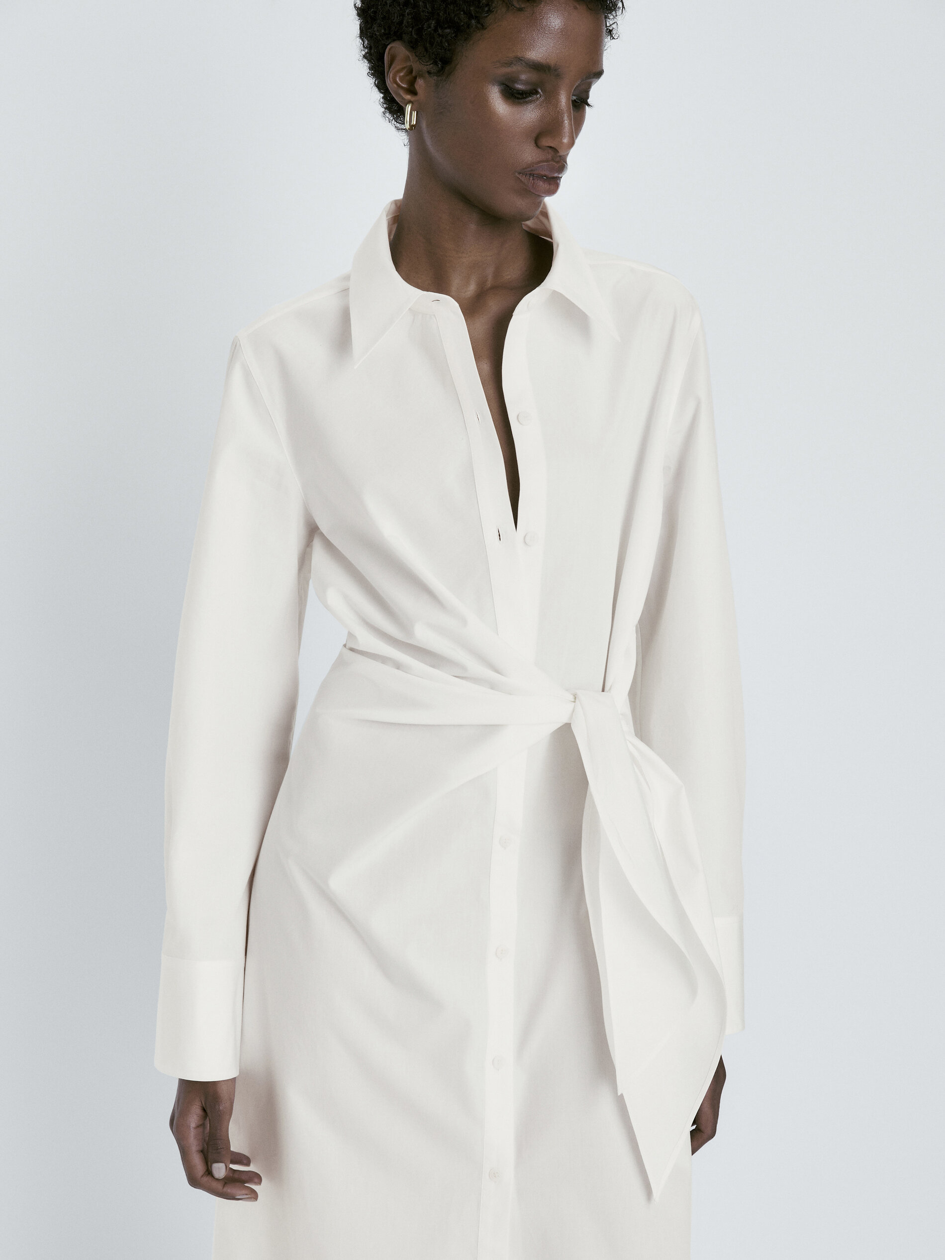 Vestido camisero popelín detalle nudo - BLANCO