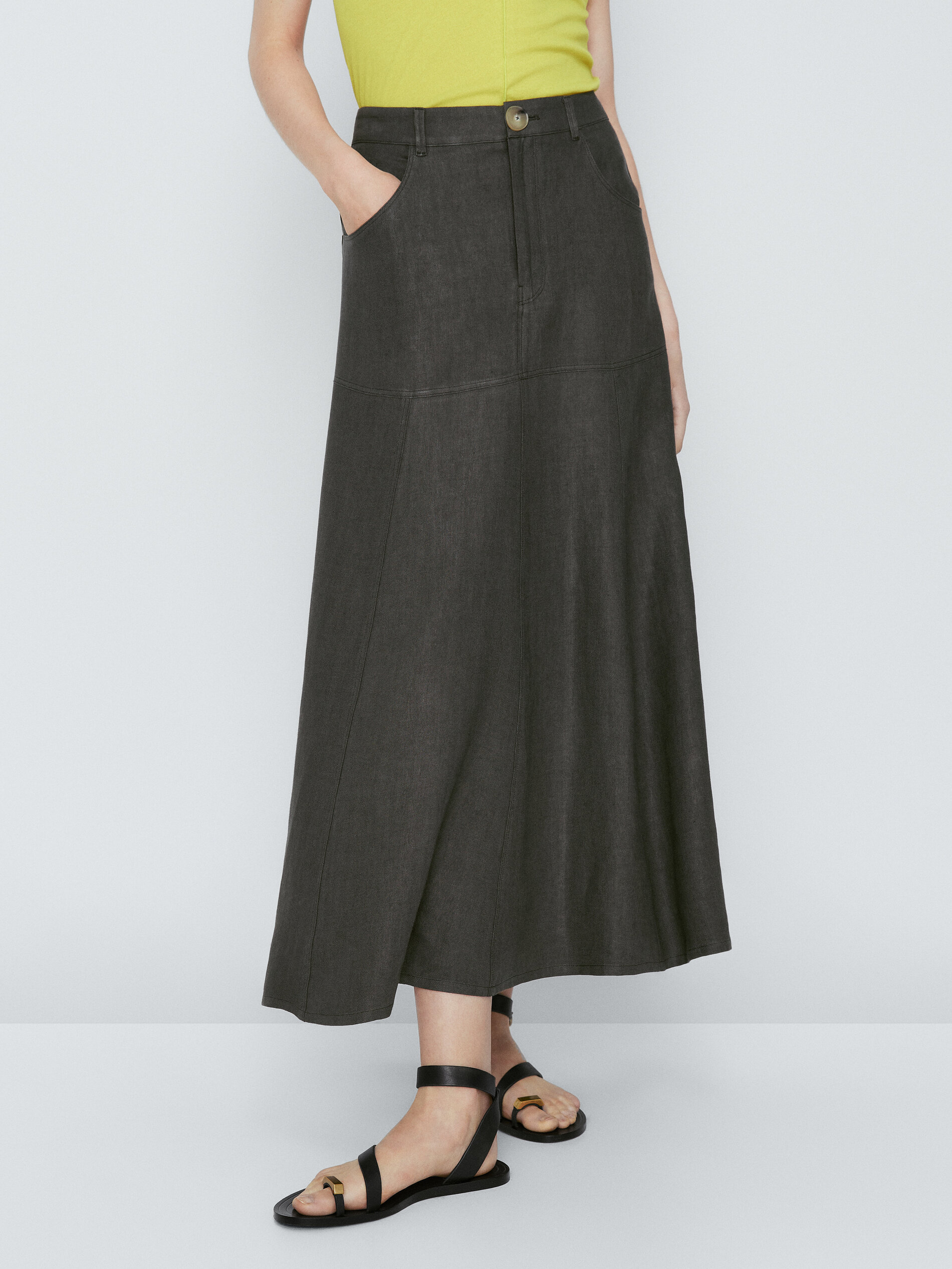 Falda mezcla lino algodón con vuelo - KAKI