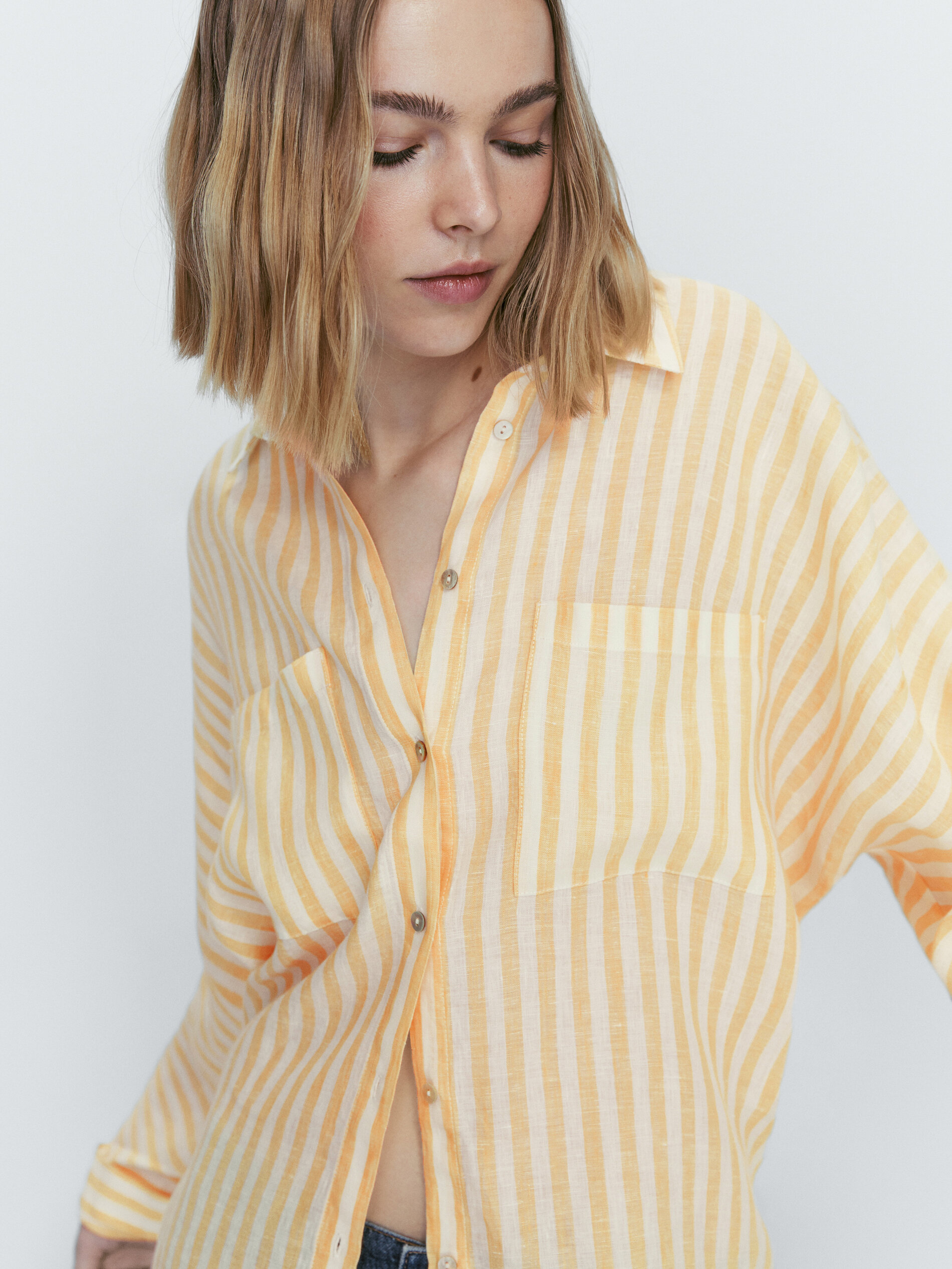 Camisa rayas 100% lino bolsillos - AMARILLO