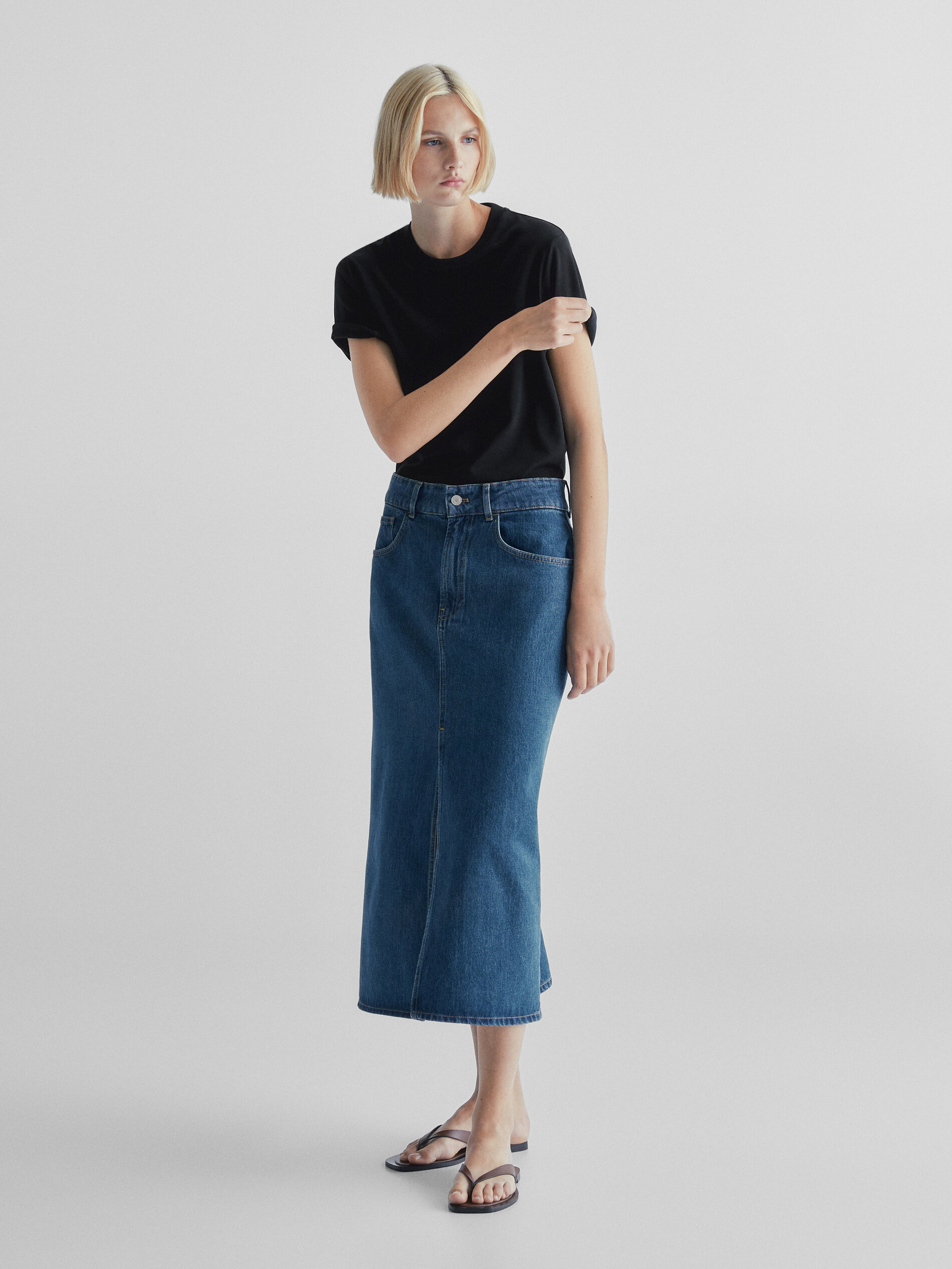 Falda midi denim tiro alto - AZUL MEDIO