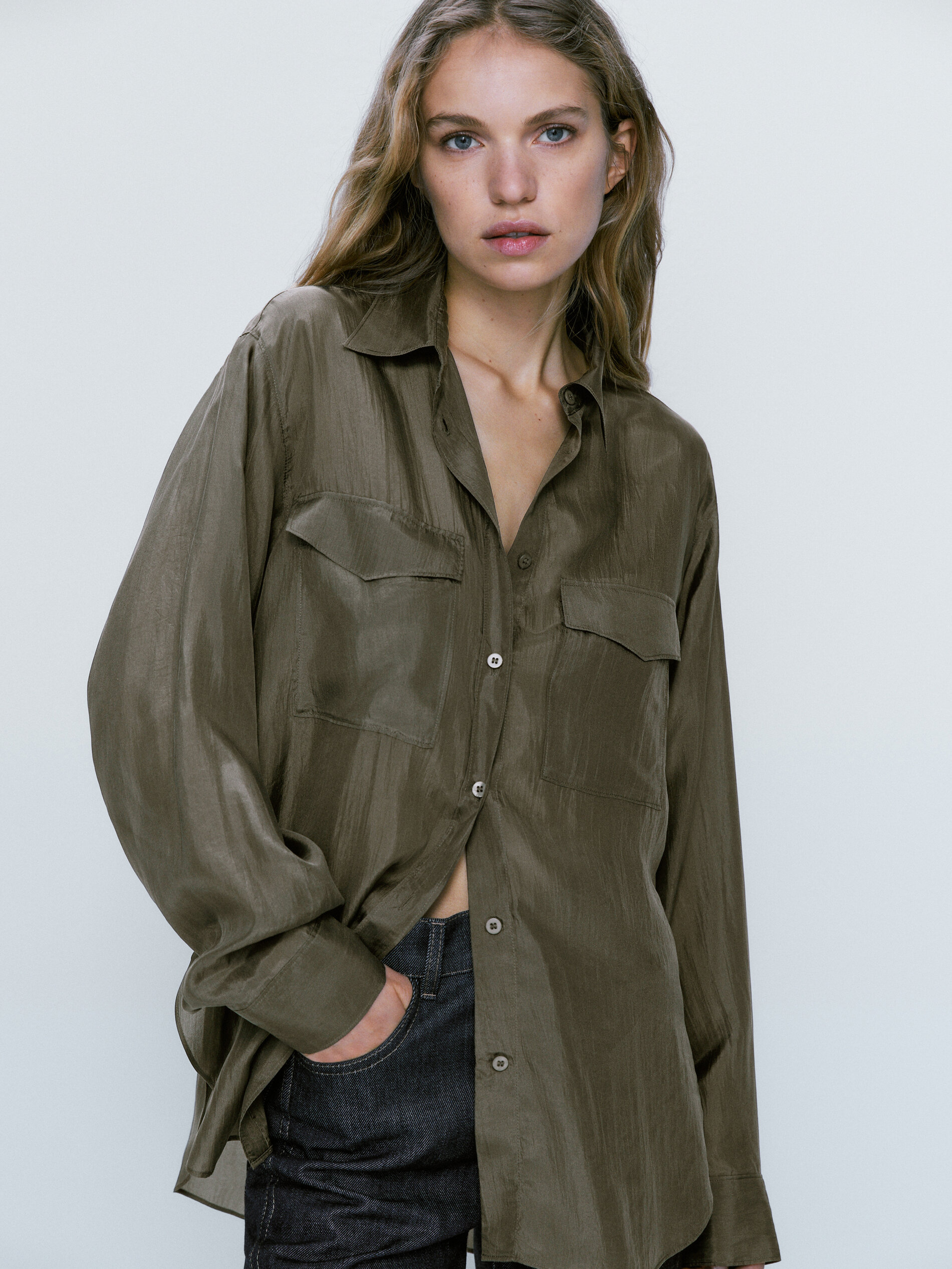 Camisa seda bolsillos - KAKI OSCURO