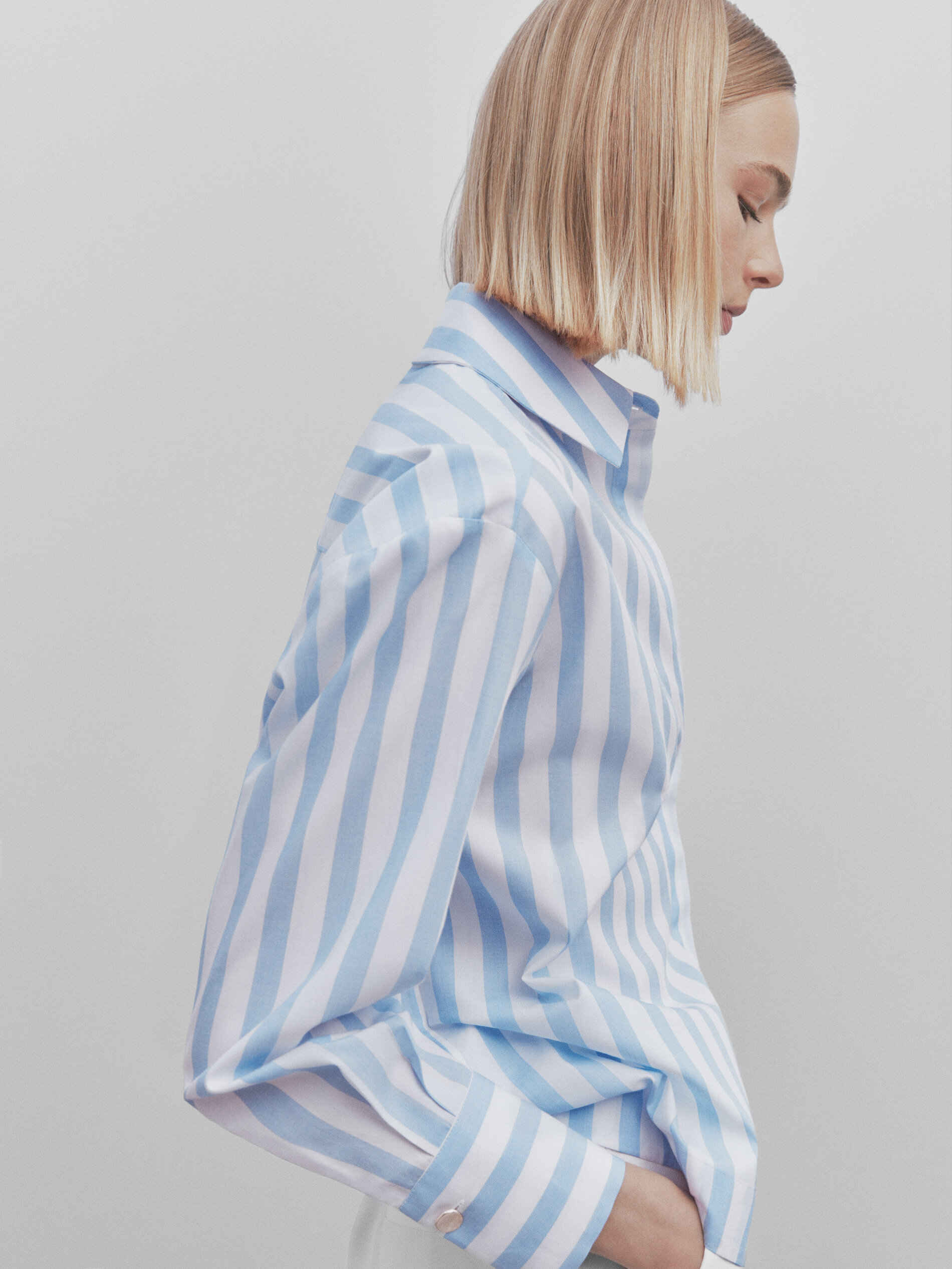 Camisa rayas popelín bolsillo -Studio - CELESTE