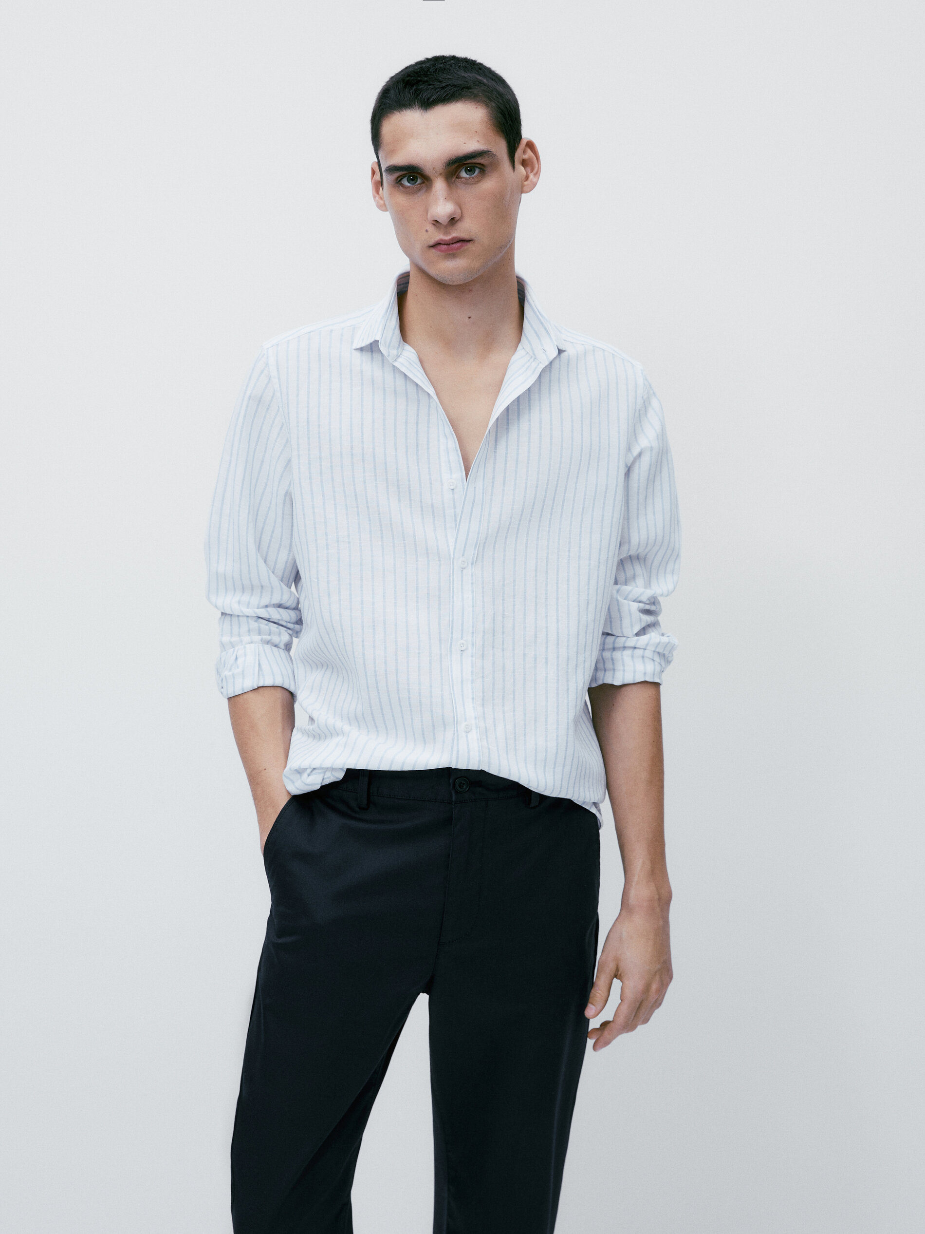 Camisa rayas con lino y algodón slim fit - CELESTE