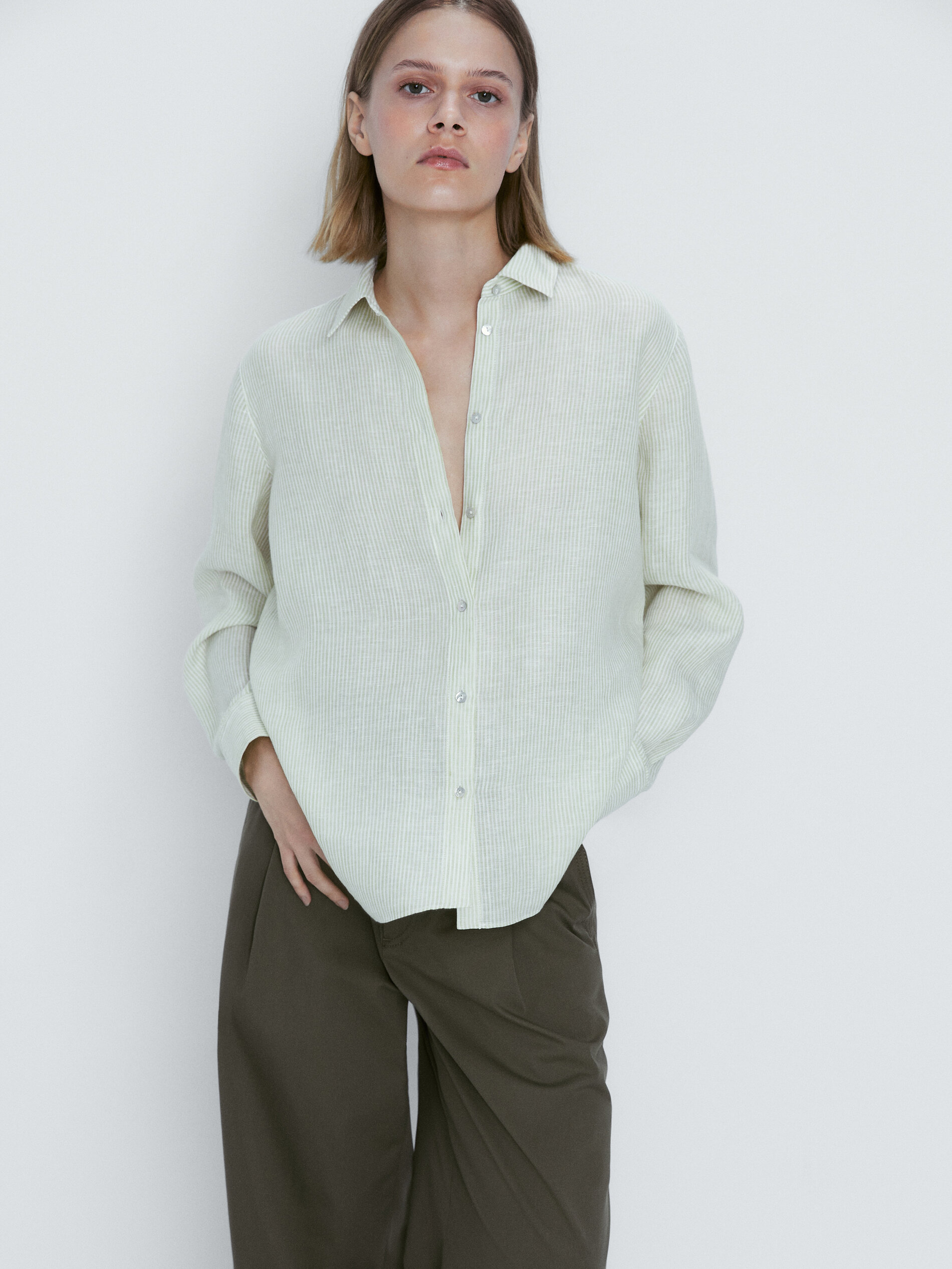 Camisa rayas 100% lino - VERDE