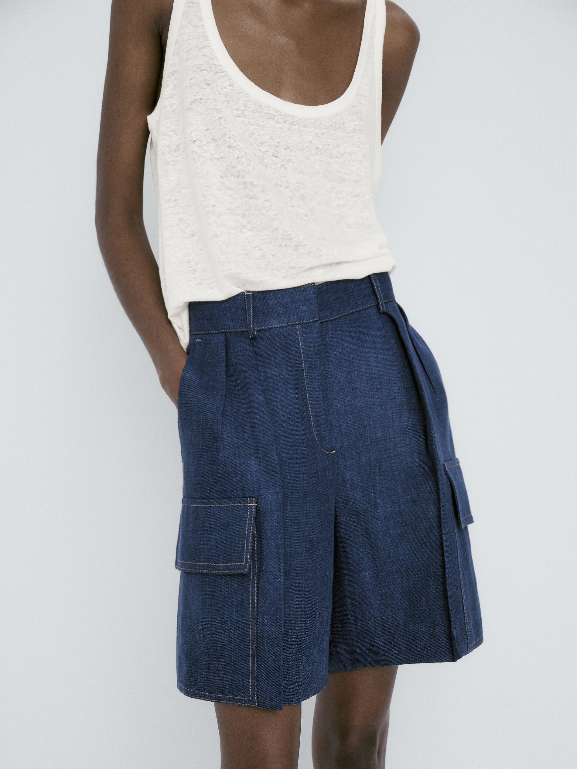 Bermuda cargo lino pespuntes - AZUL MARINO