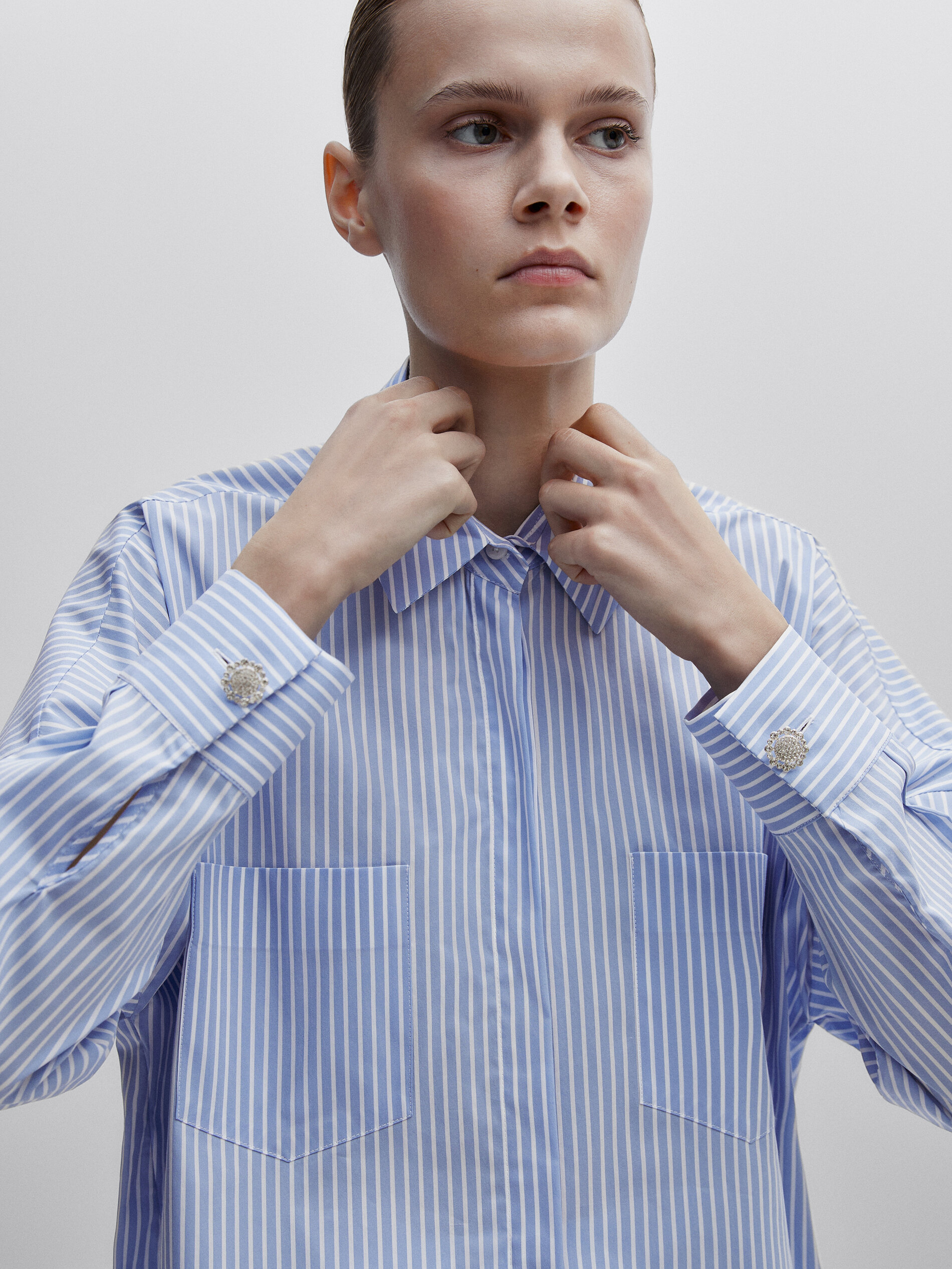 Camisa rayas popelín botón joya -Studio - AZUL