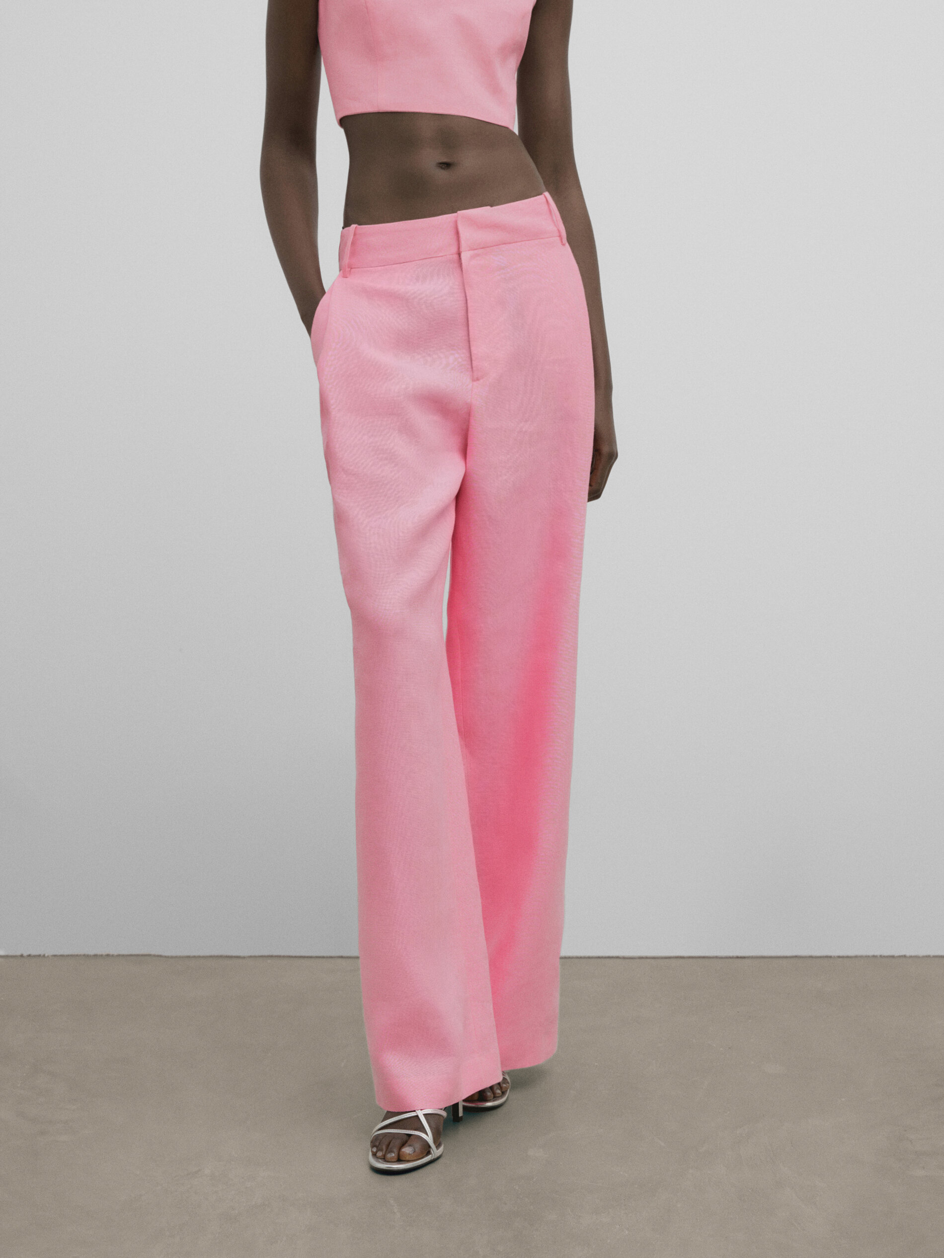 Pantalón lino pinzas bolsillos -Studio - ROSA