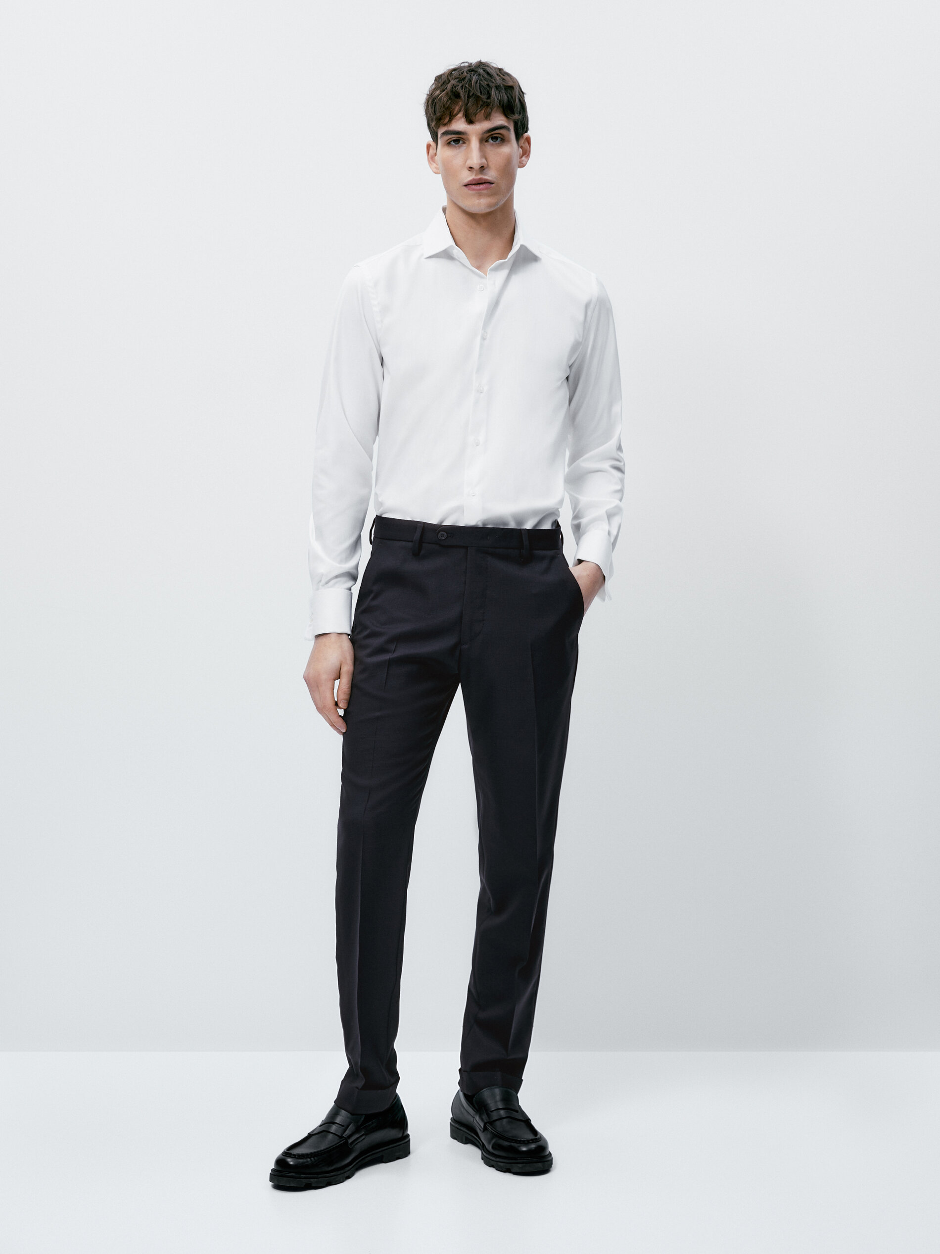 Camisa espiga regular fit doble puño - BLANCO