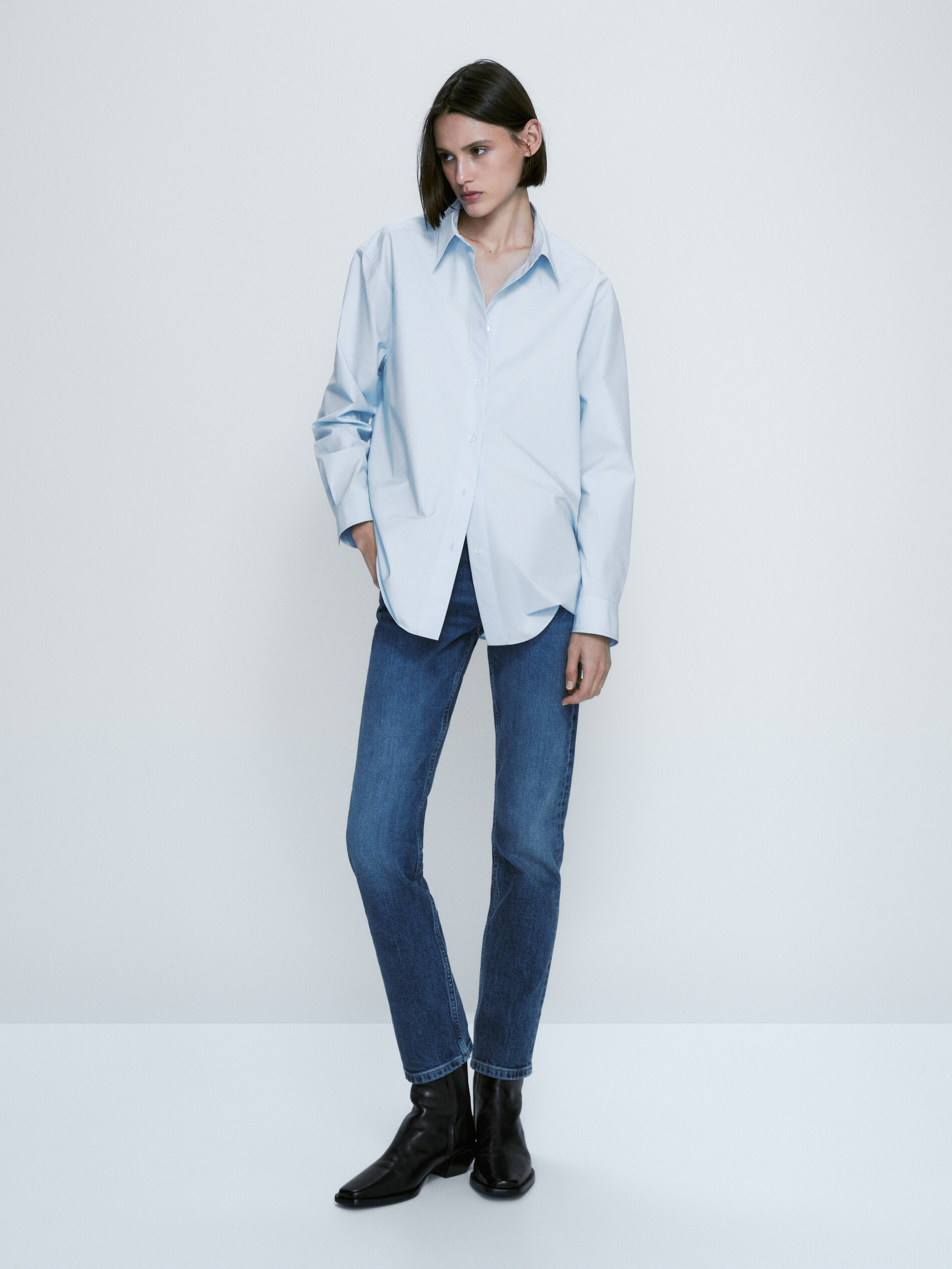 Camisa popelín detalle costuras - CELESTE