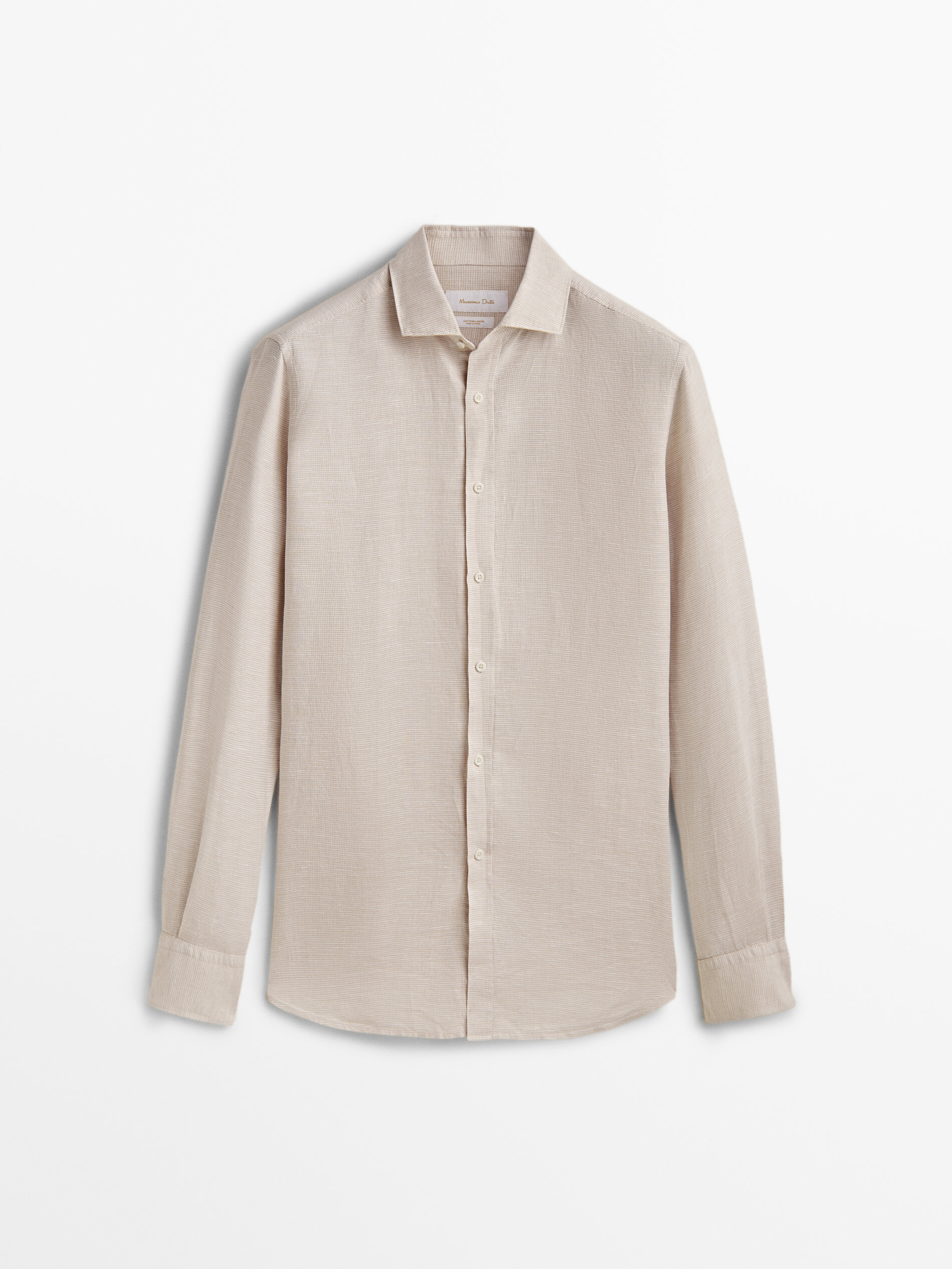 Camisa con lino pata de gallo slim fit - BEIGE