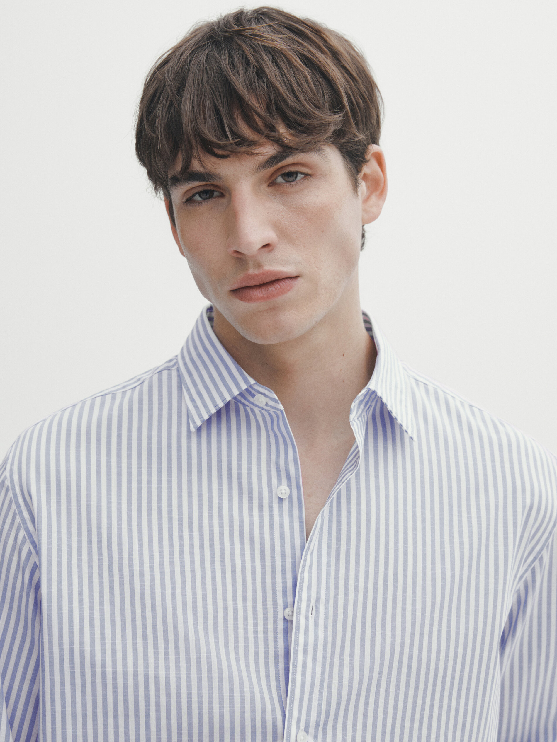 Camisa rayas algodón slim fit - CELESTE