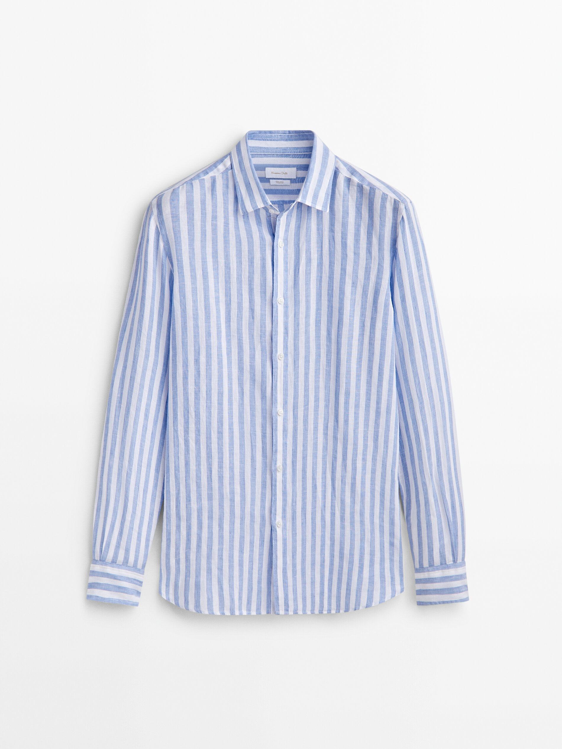 Camisa rayas anchas 100% lino slim fit - CELESTE