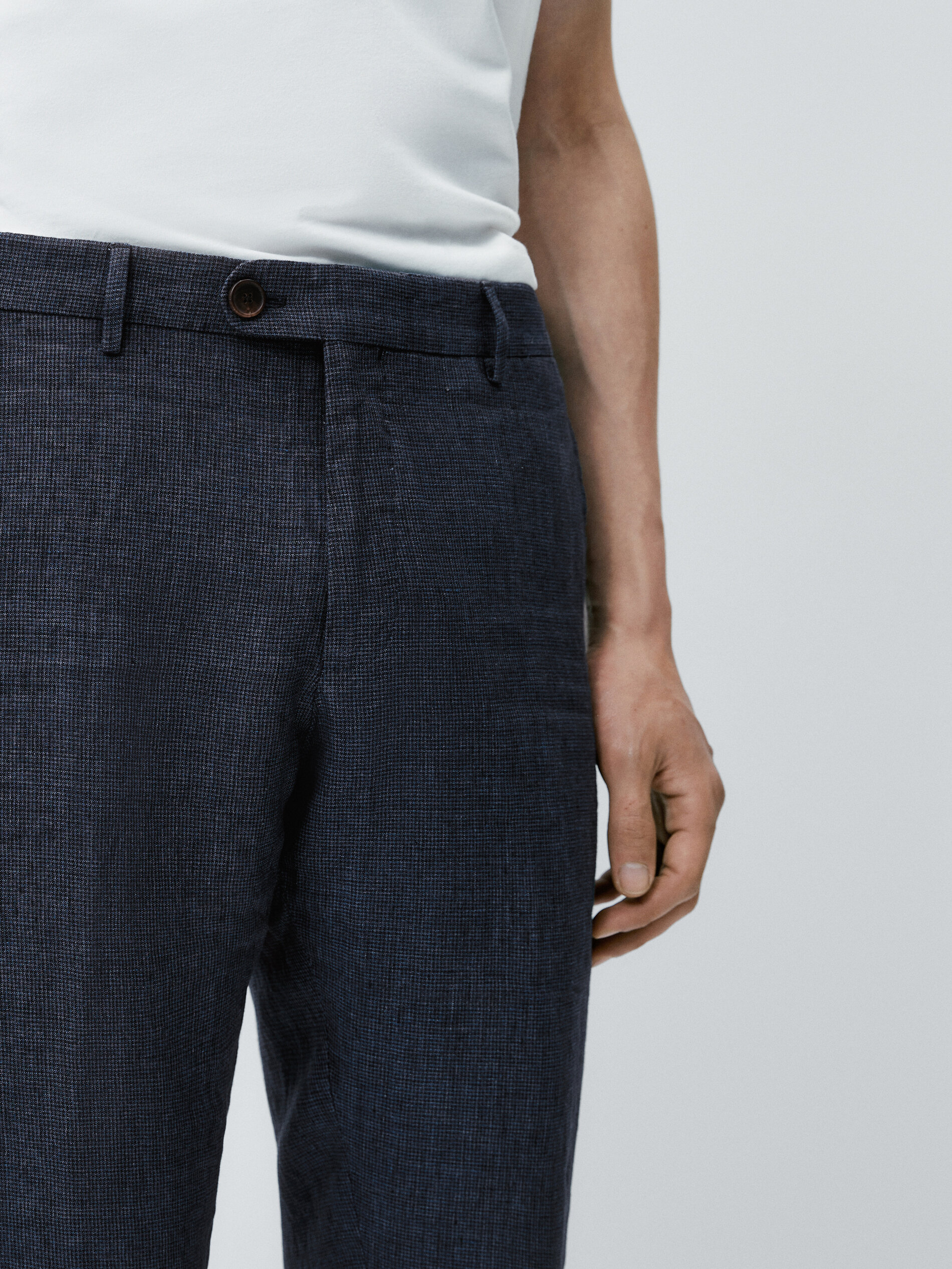 Pantalón traje lino lavado pata de gallo - AZUL