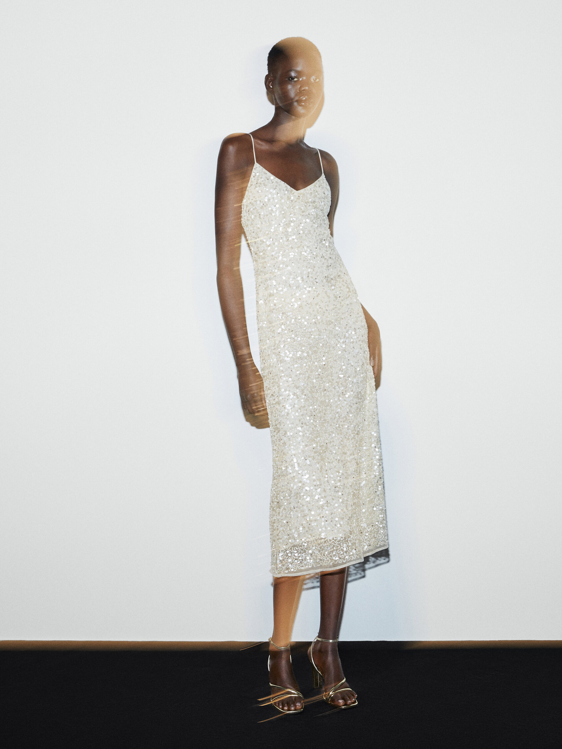 Vestido midi tirantes lentejuelas - BEIGE