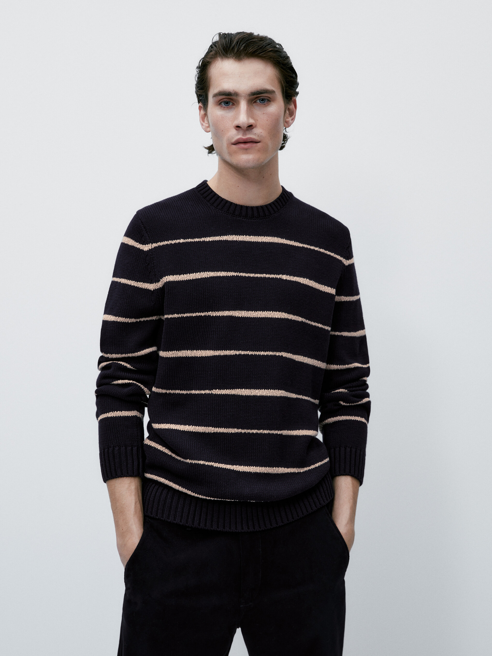 Jersey de punto rayas cuello redondo - AZUL MARINO