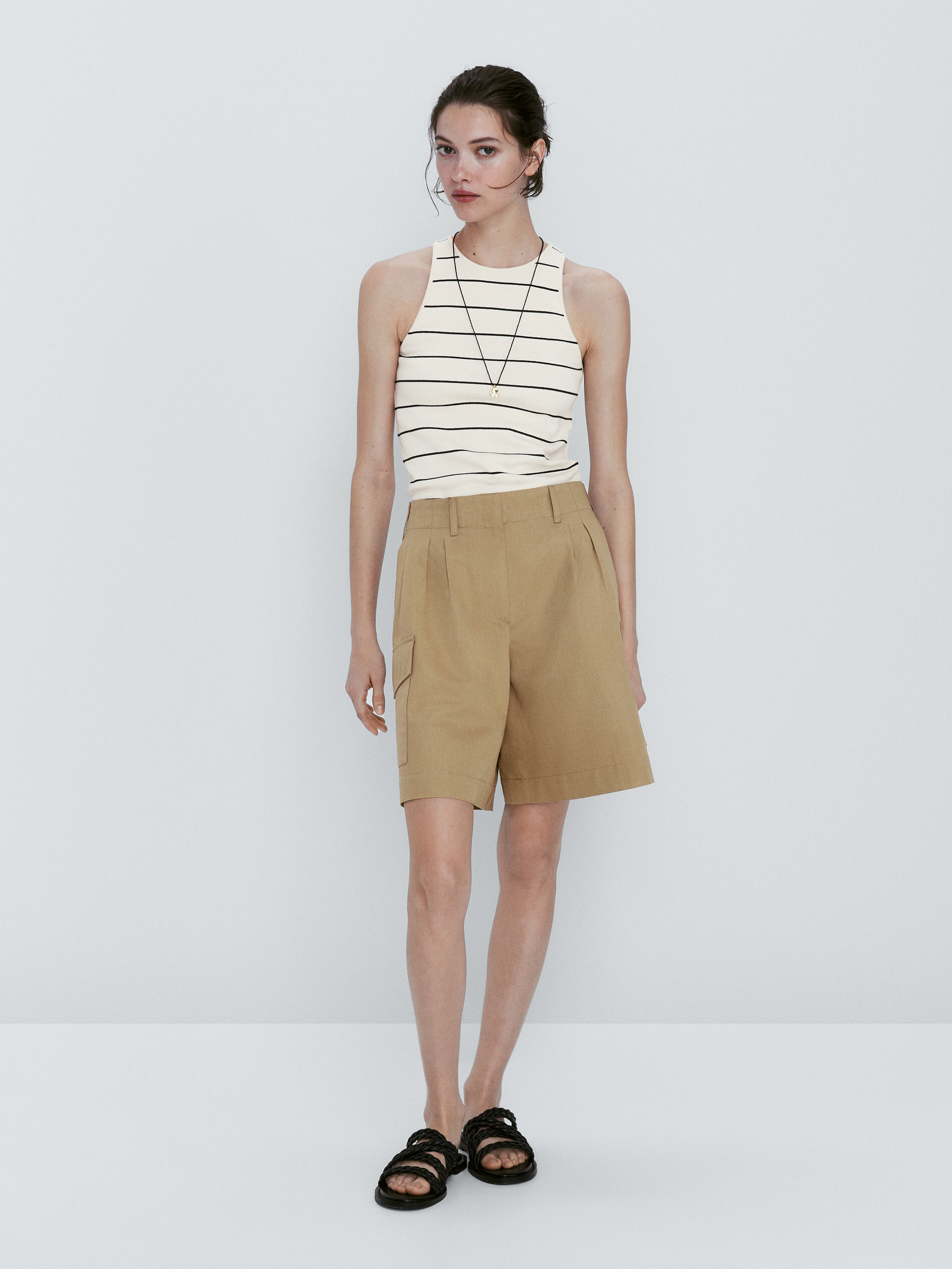 Bermuda cargo mezcla algodón lino - CAMEL