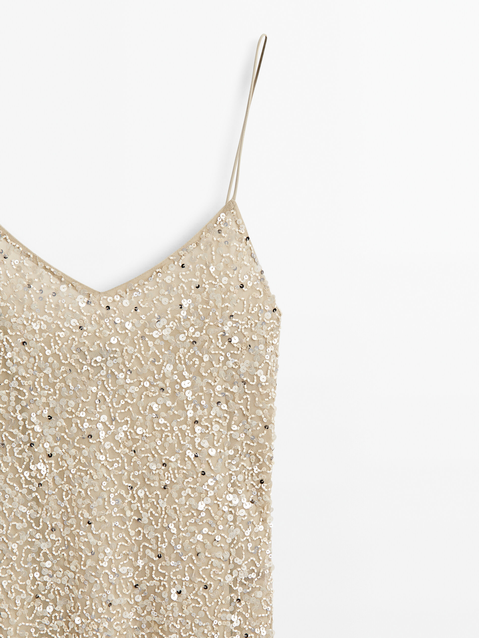 Vestido midi tirantes lentejuelas - BEIGE