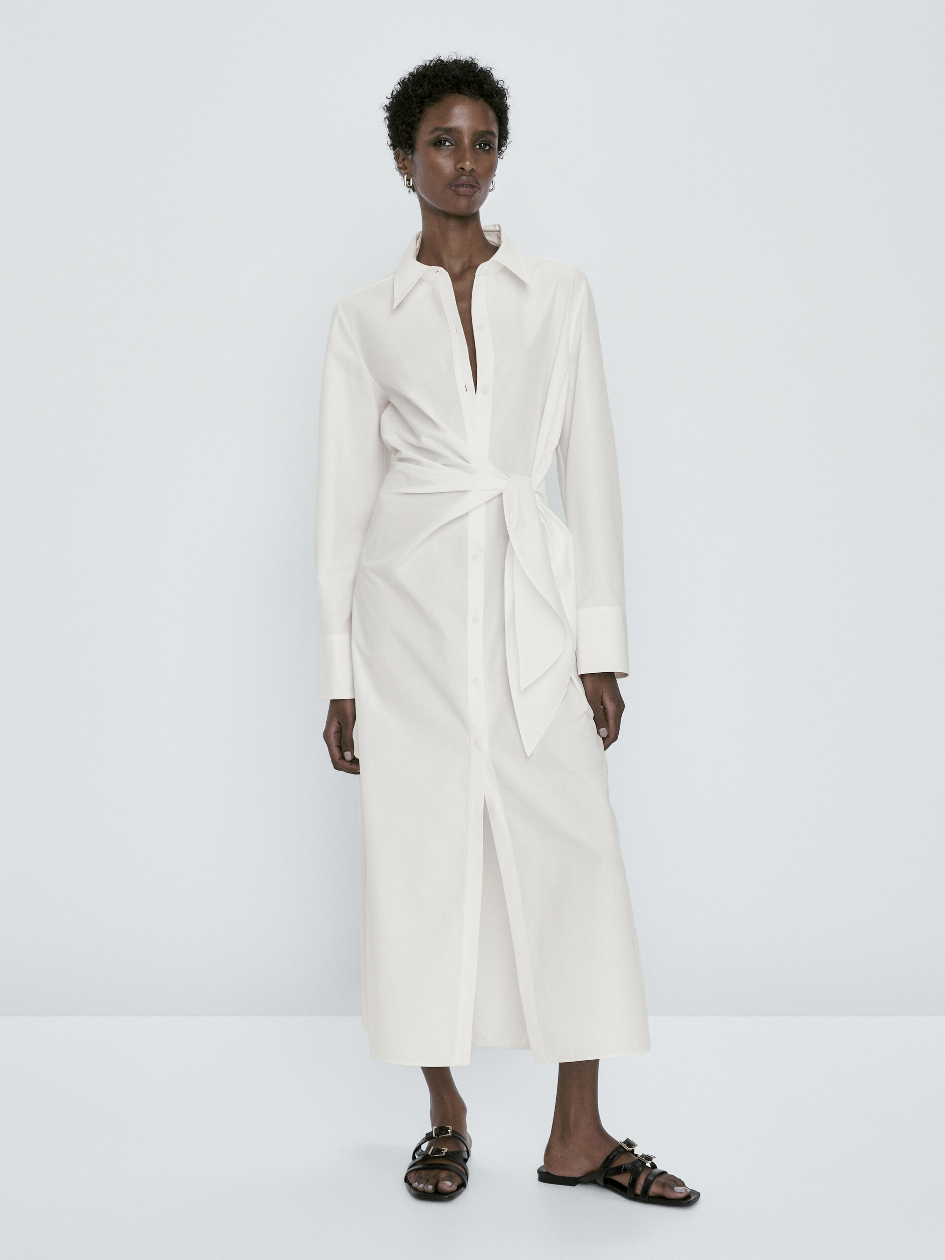 Vestido camisero popelín detalle nudo - BLANCO