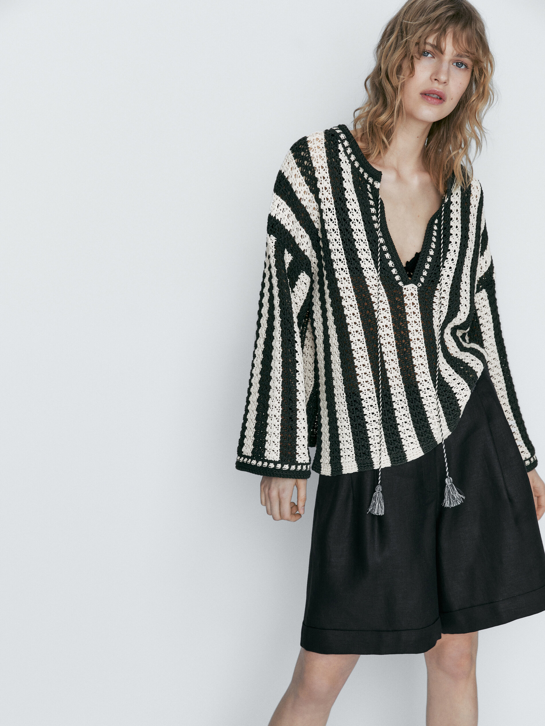 Jersey kaftán crochet rayas - VERDE OSCURO