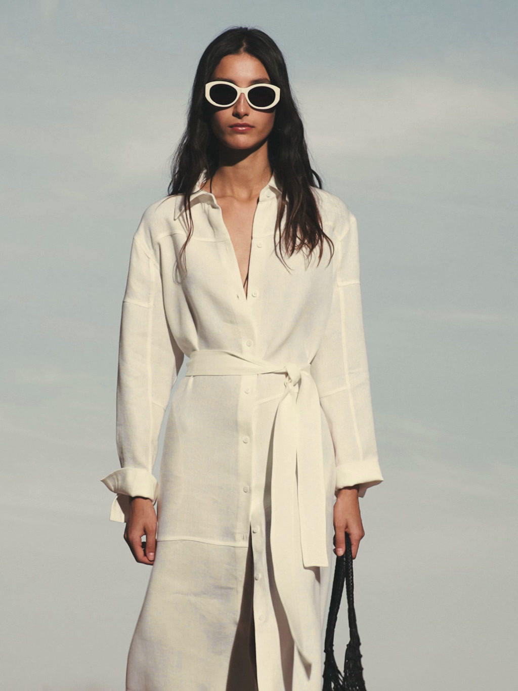 Vestido camisero con lino costuras - BLANCO