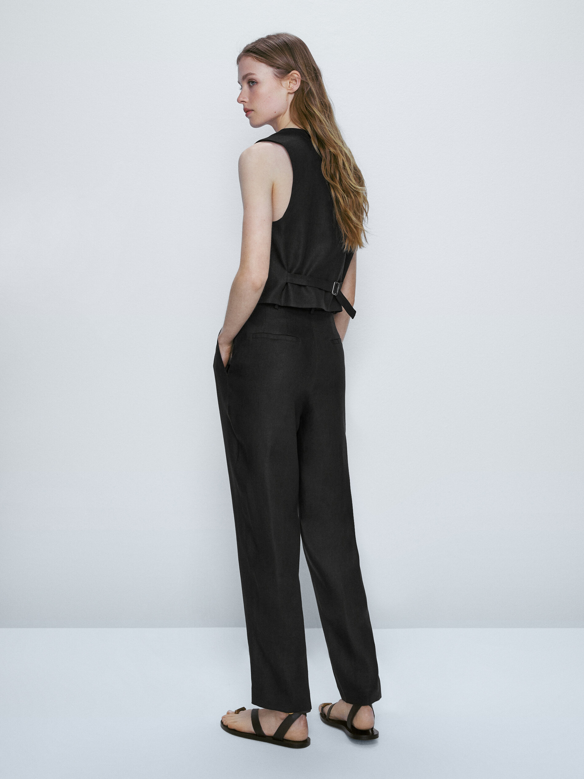 Pantalón traje 100% lino doble pinza - NEGRO