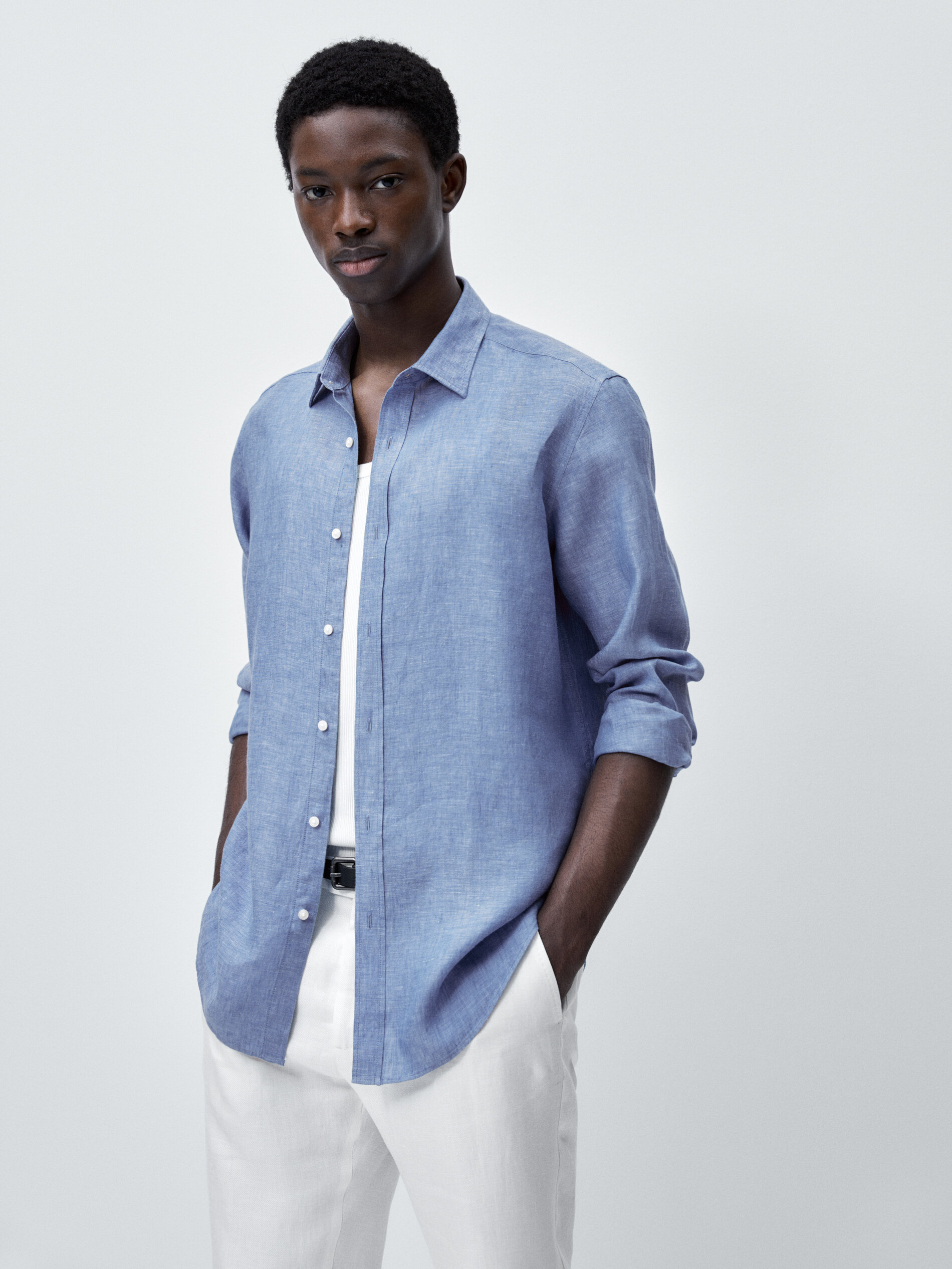 Camisa lino tintado regular fit - AZUL MEDIO