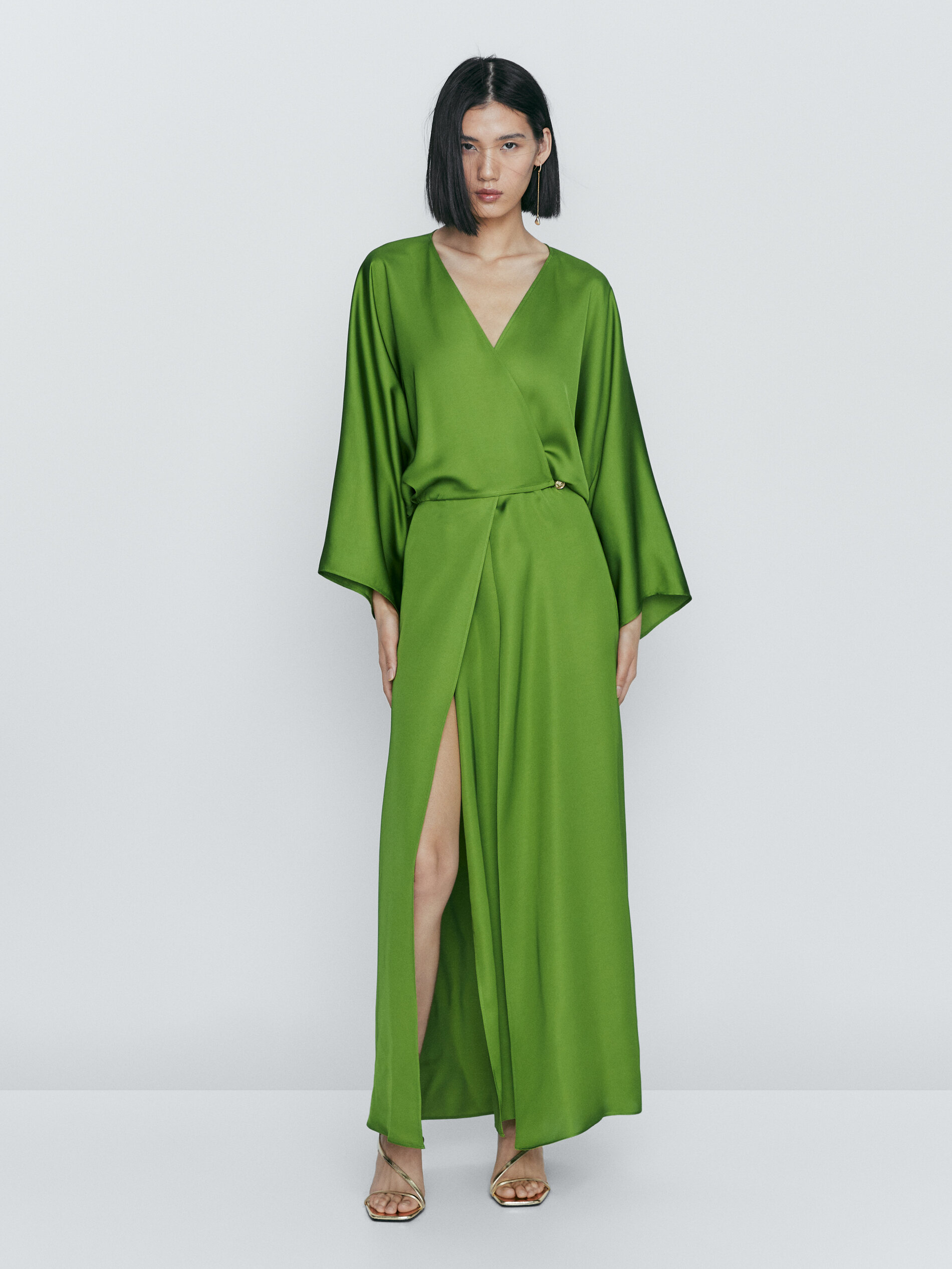 Vestido kimono fluido detalle fajín - VERDE