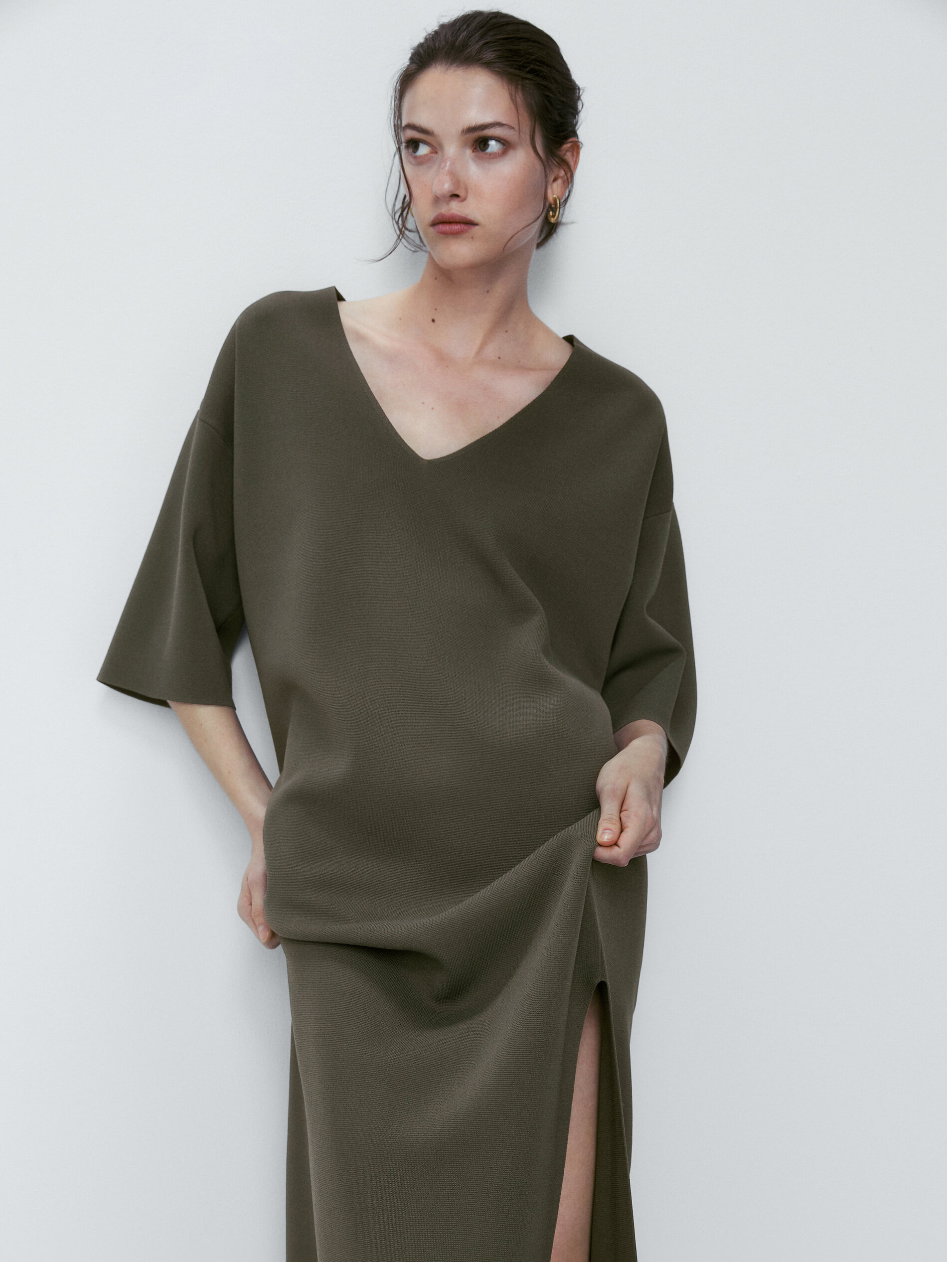 Vestido punto cuello pico - VERDE CLARO