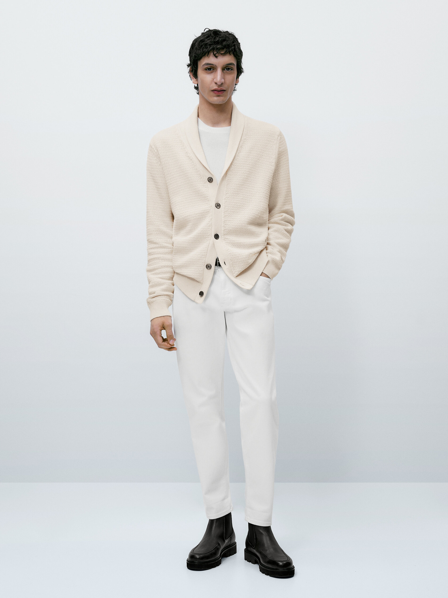 Cárdigan de punto estructura cuello chal - CRUDO