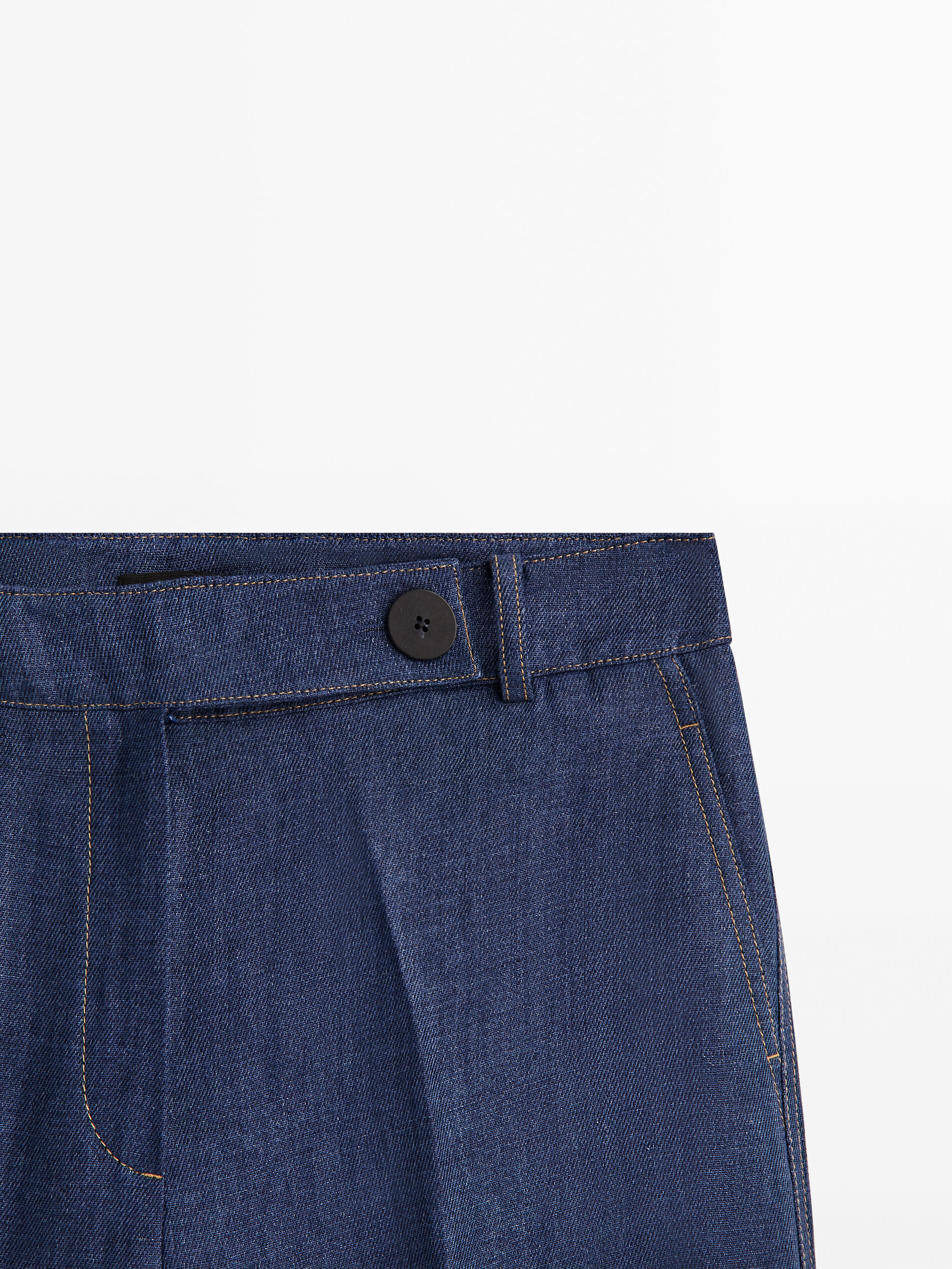 Pantalón traje ancho lino pespuntes - AZUL MARINO