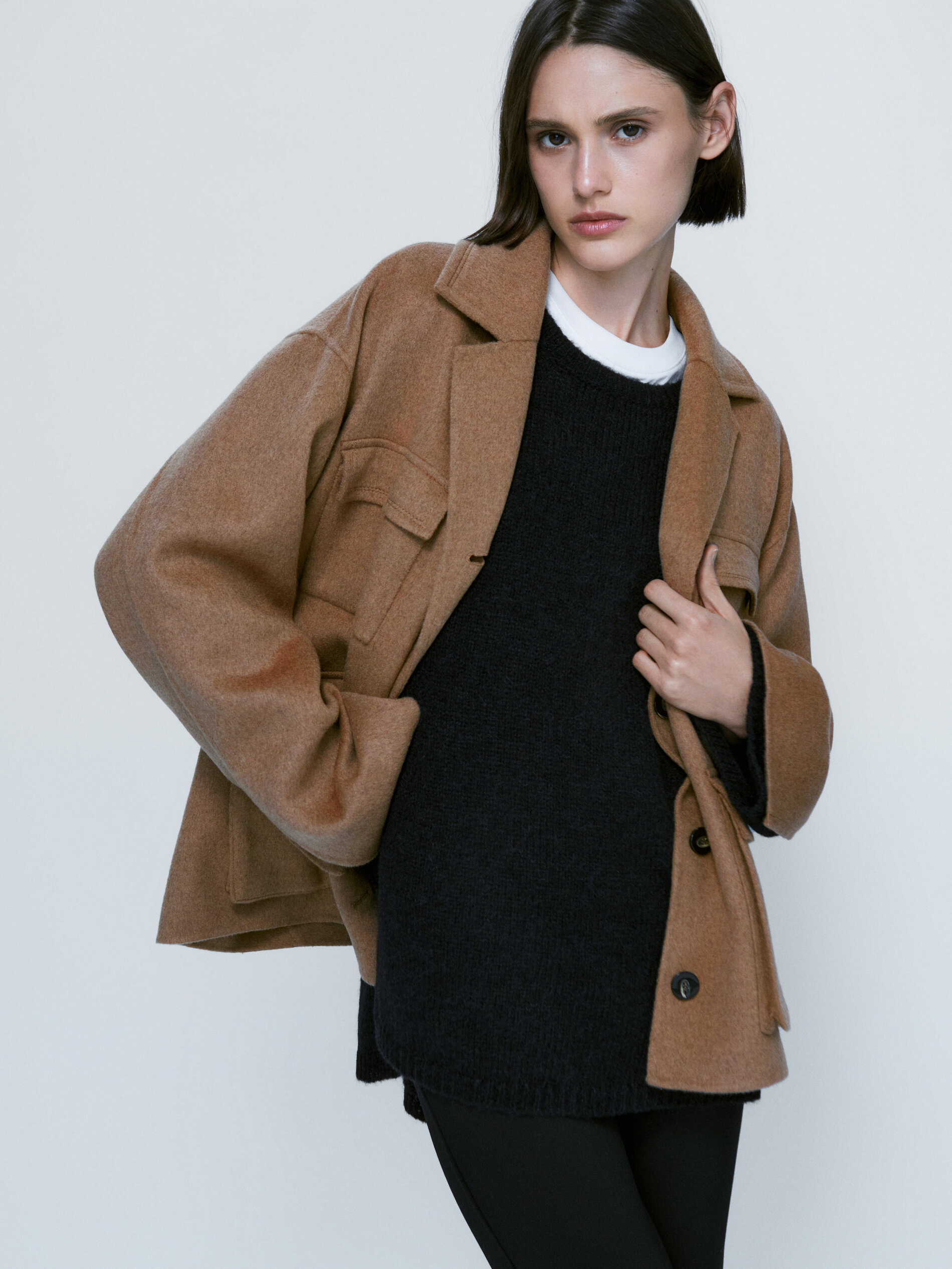 Abrigo corto mezcla lana bolsillos - CAMEL