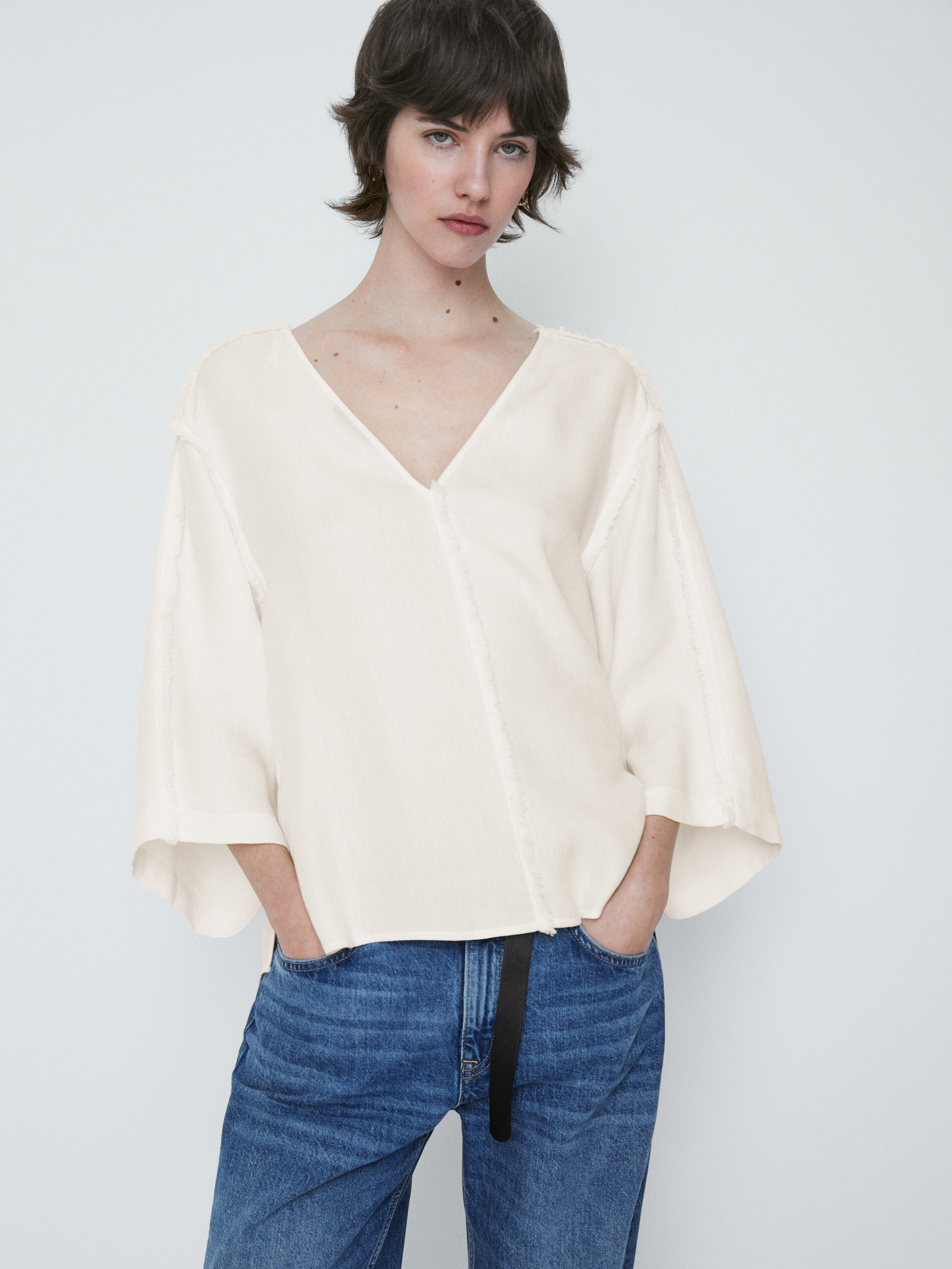 Blusa kimono detalle desflecado - CRUDO