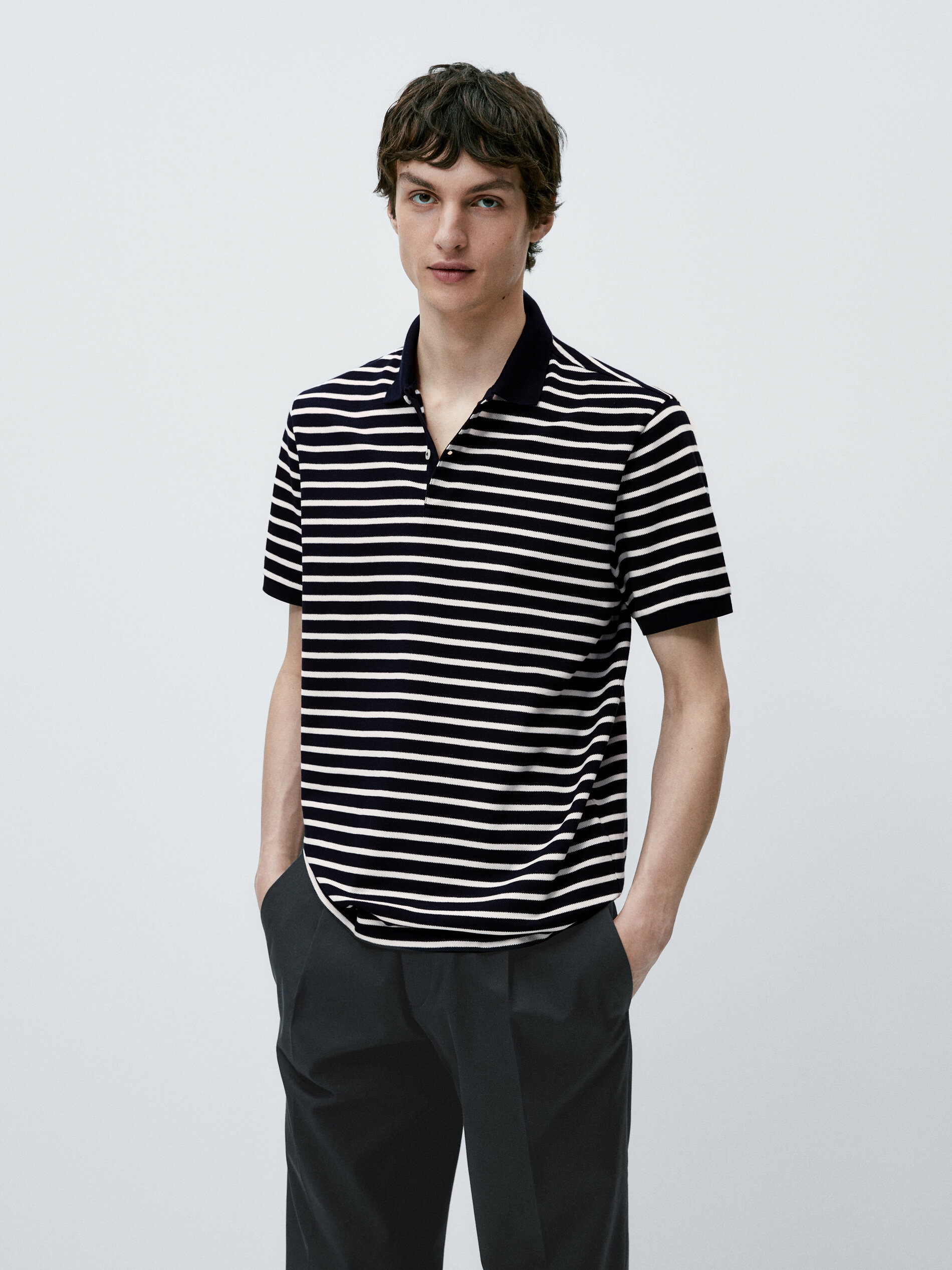 Polo rayas manga corta algodón - AZUL MARINO