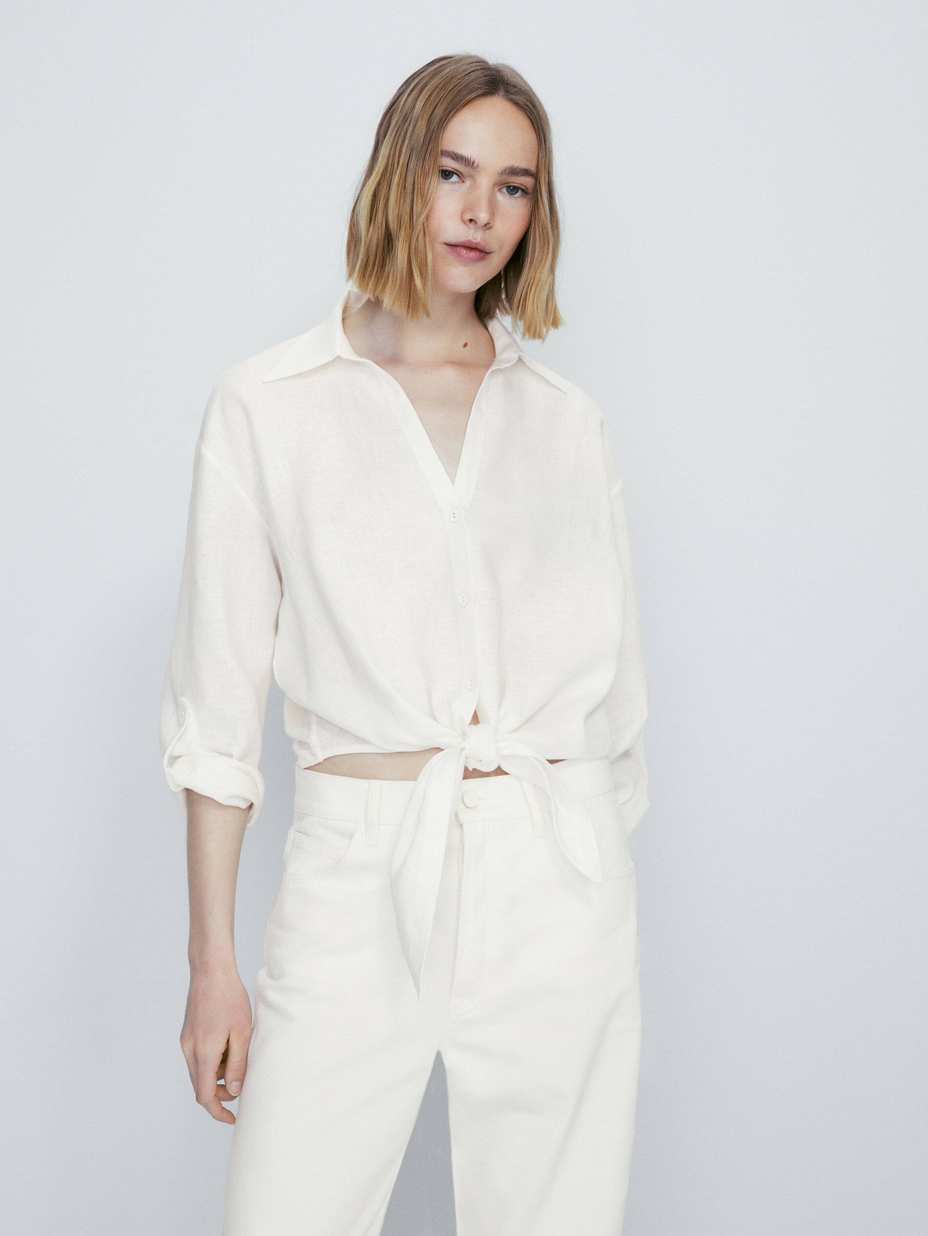 Camiseta 100% lino nudo frontal - CRUDO