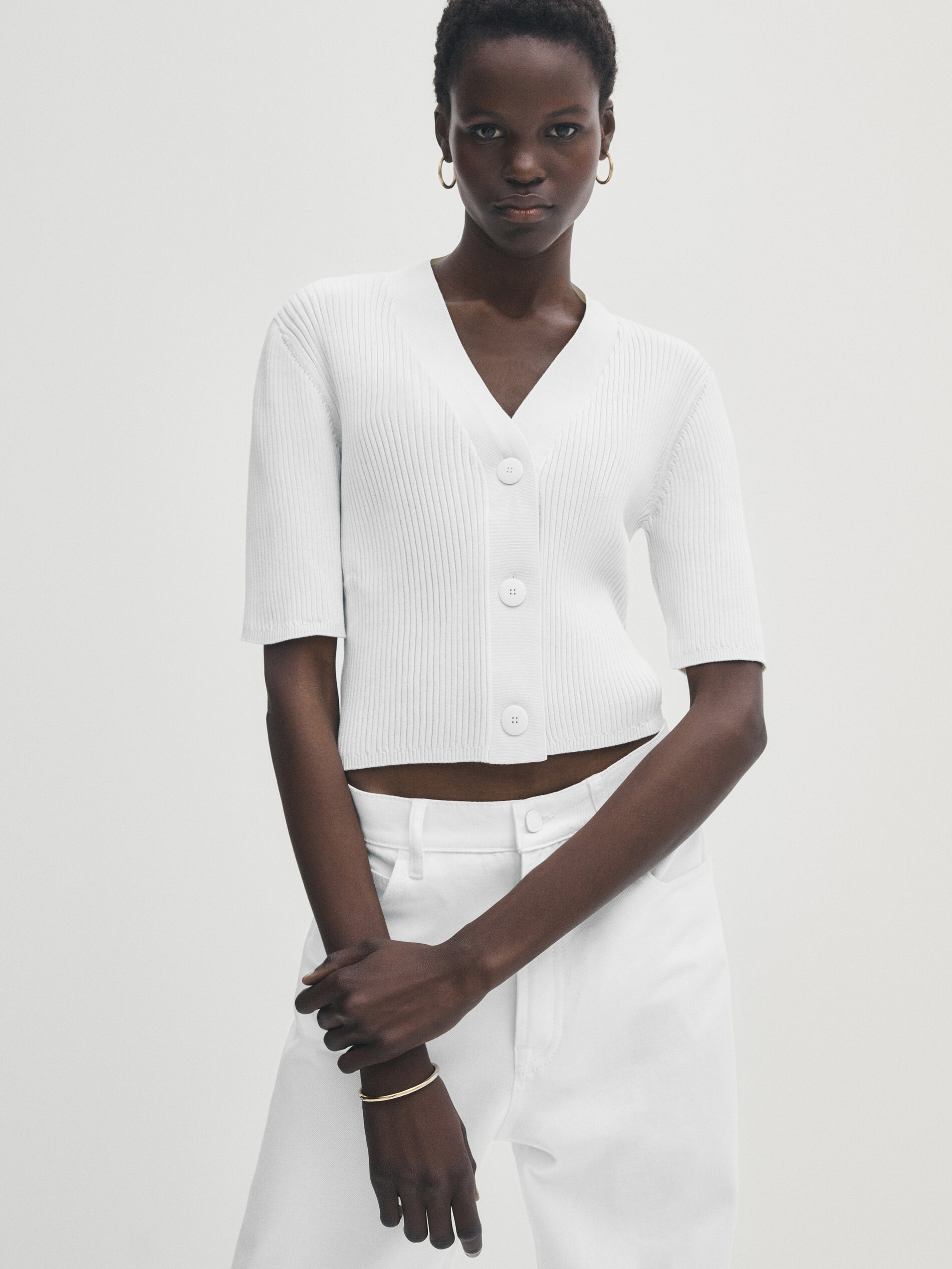 Cárdigan canalé mezcla algodón seda - CRUDO