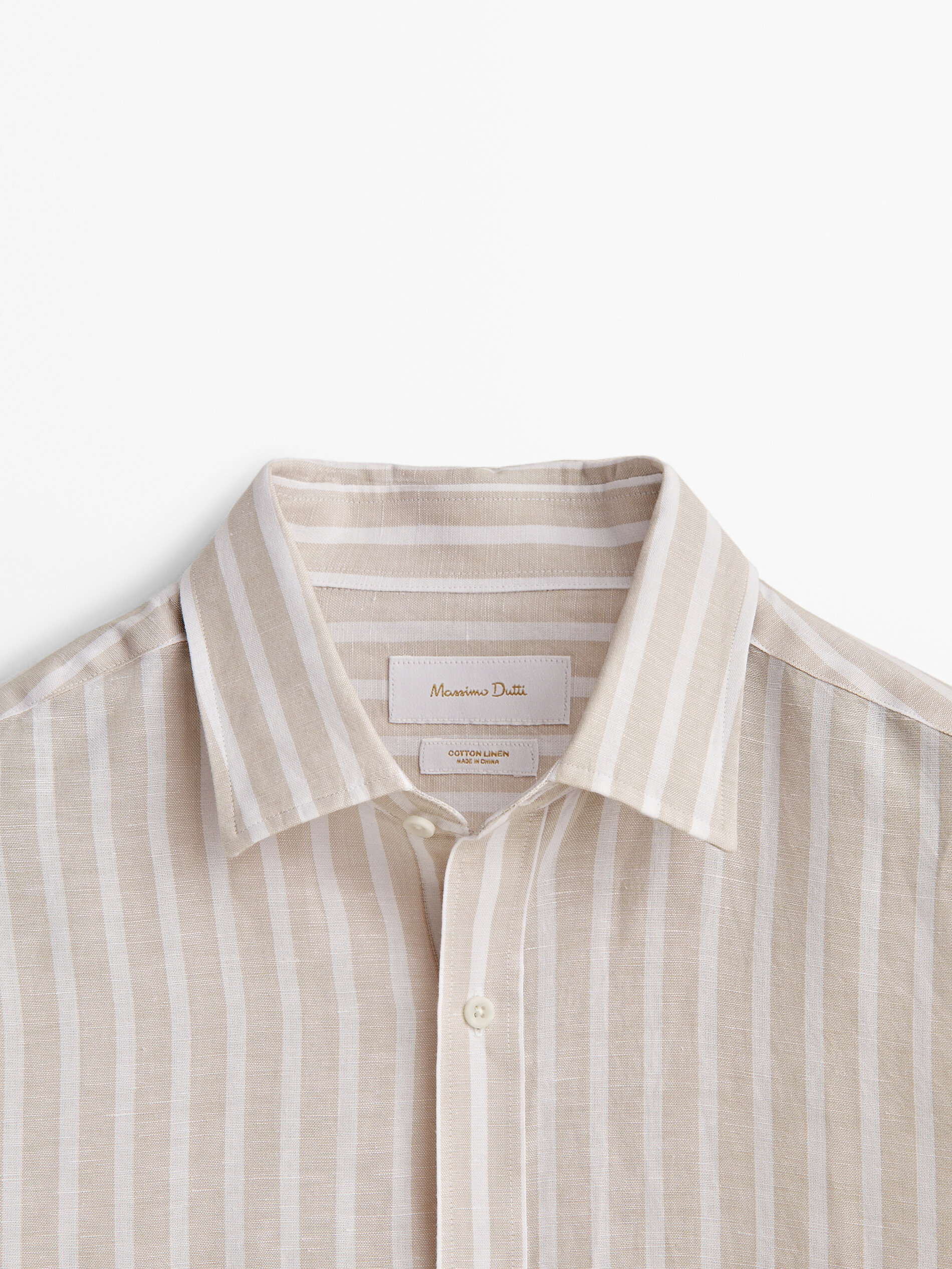 Camisa rayas con lino y algodón slim fit - BEIGE