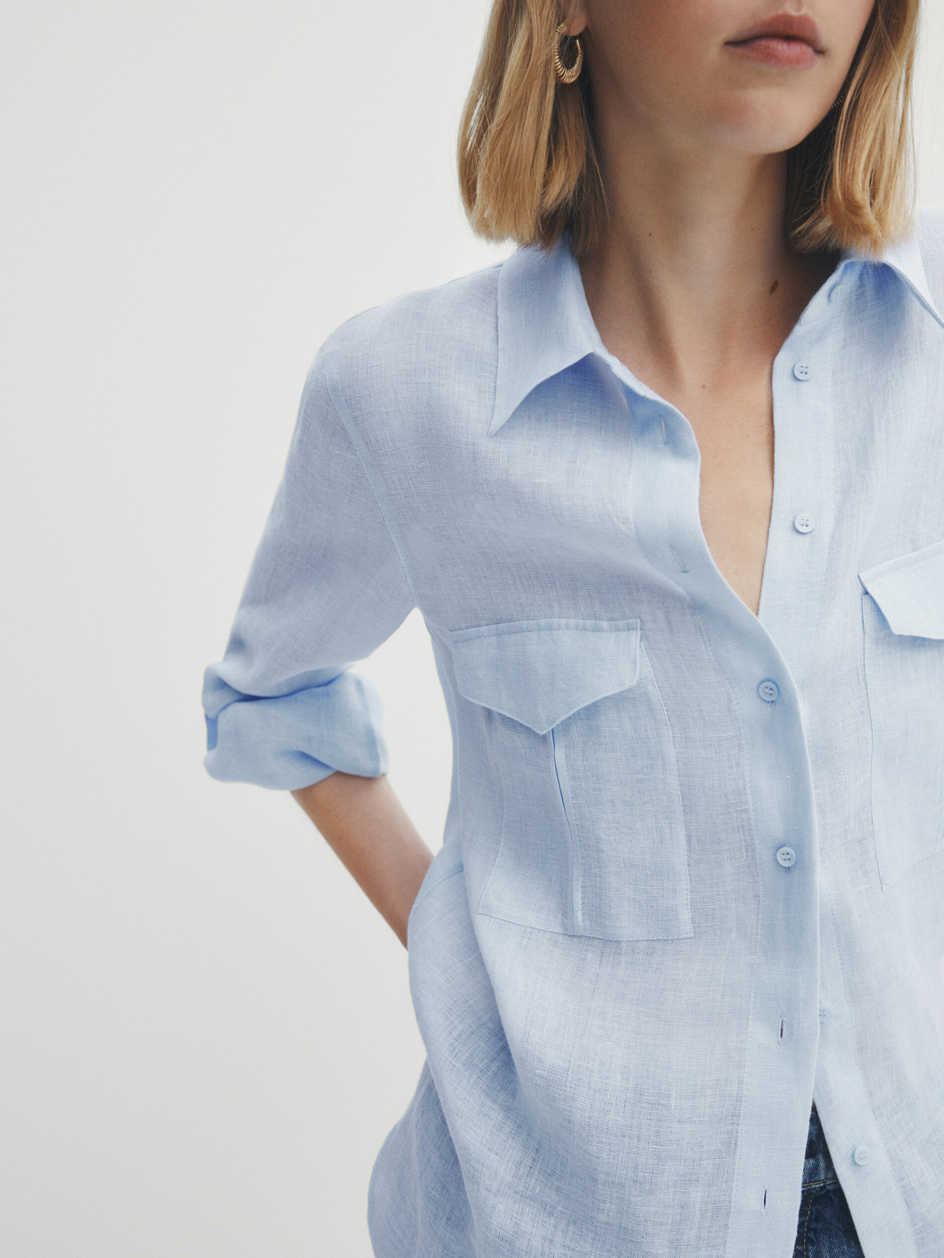 Camisa 100% lino bolsillos - Azul Claro