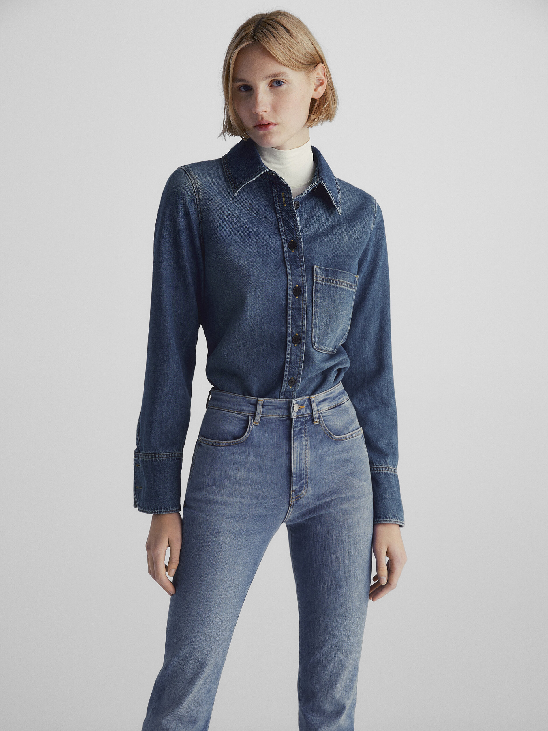 Pantalón vaquero tiro alto skinny flare - Azul Claro