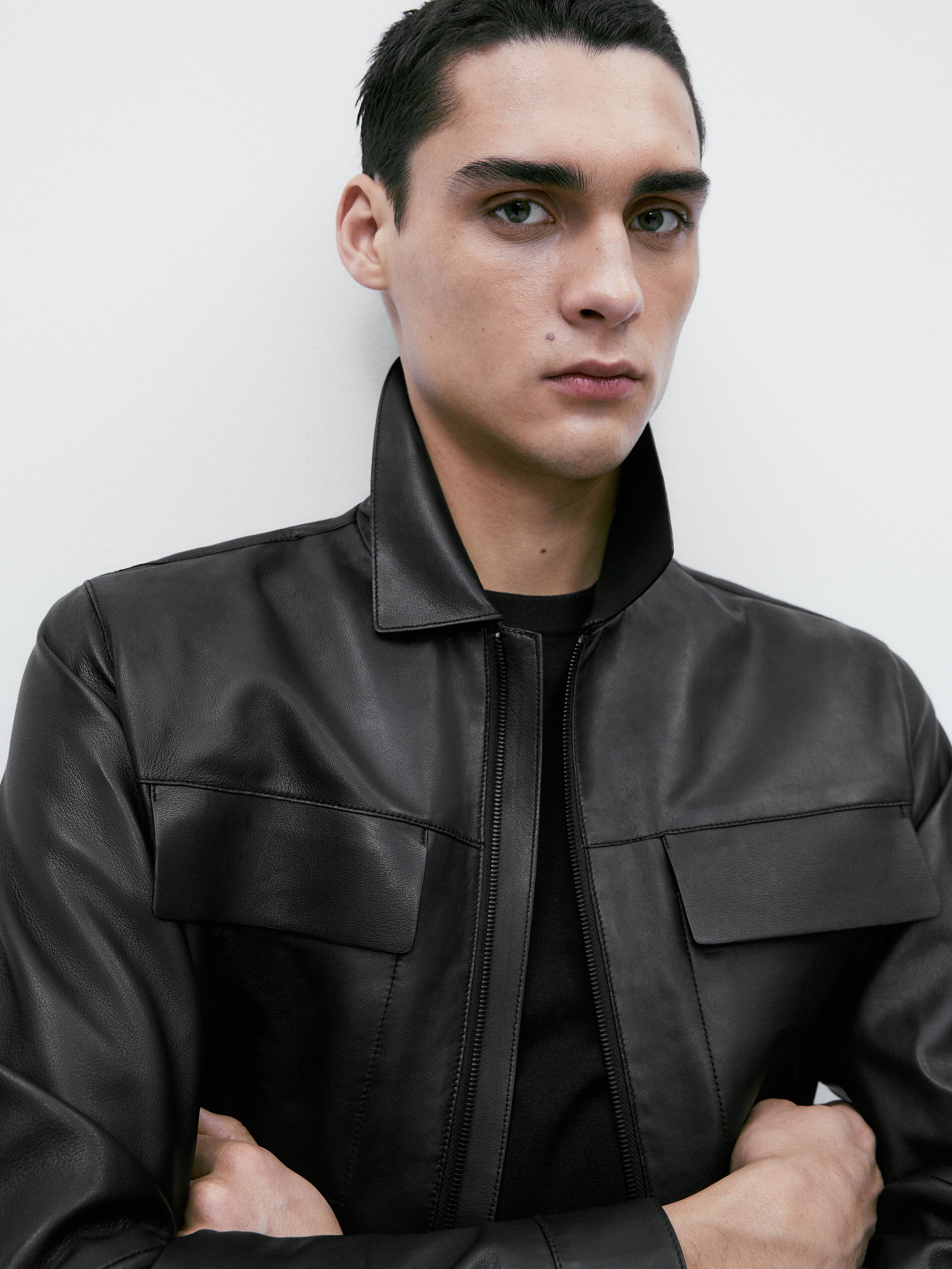 Chaqueta piel napa bolsillos negra - NEGRO