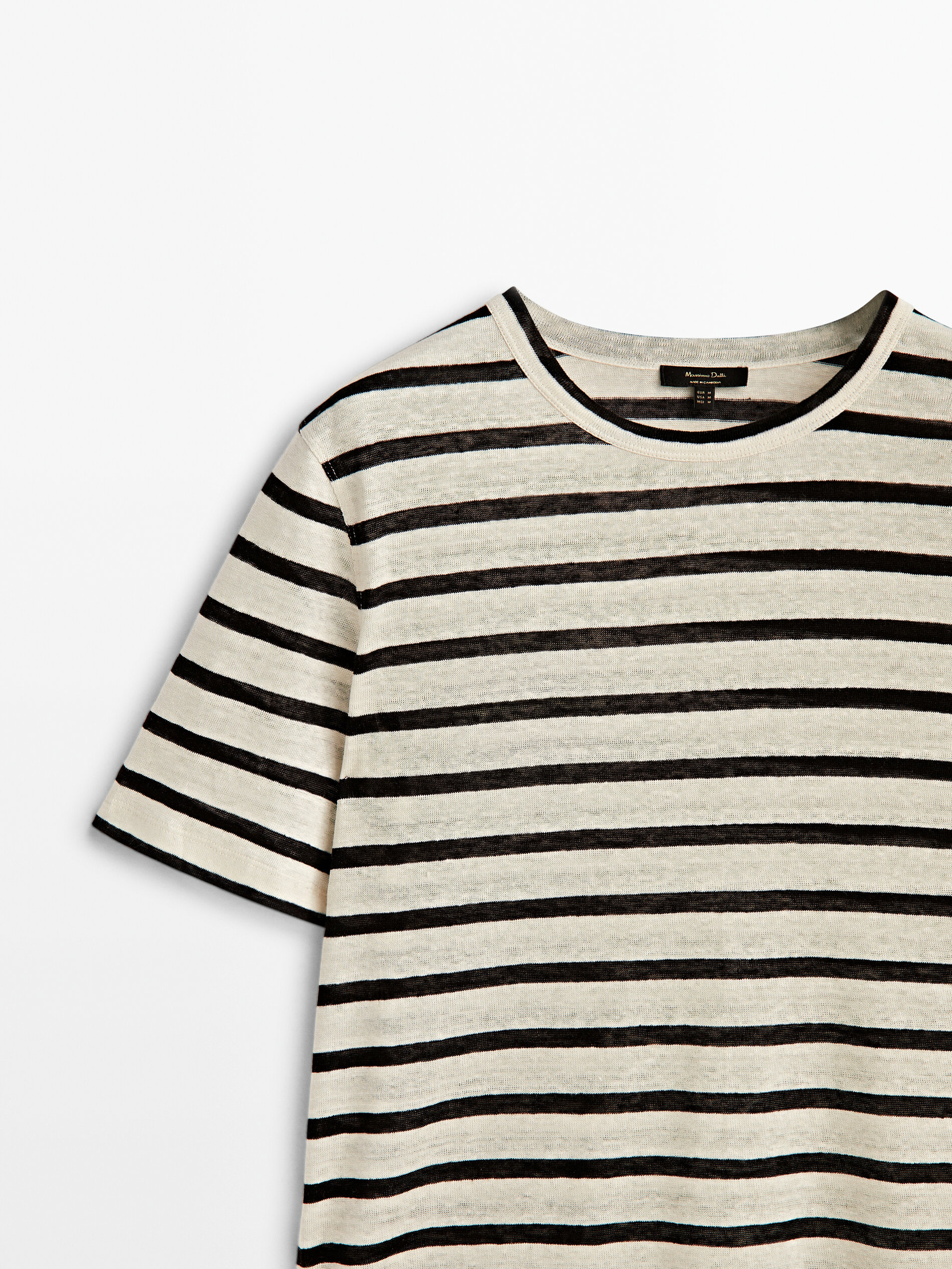 Camiseta rayas lino manga corta - CRUDO