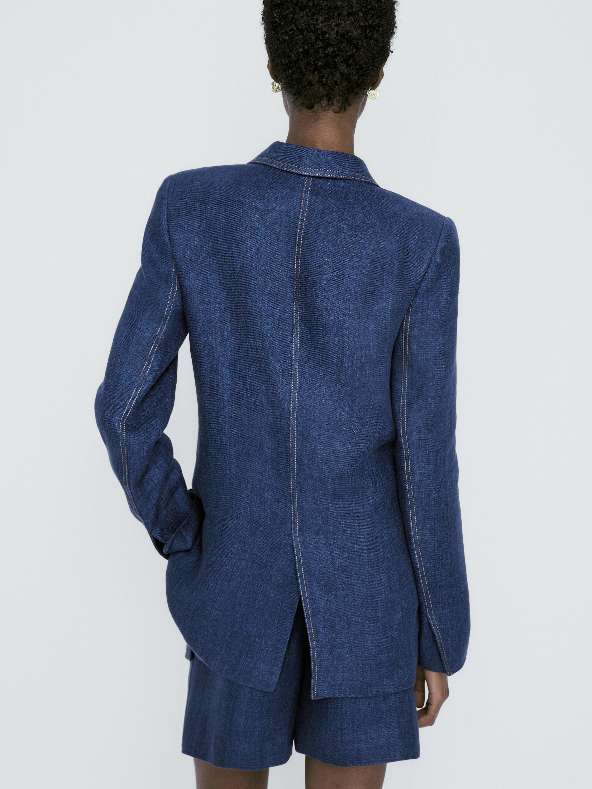 Americana un botón lino pespuntes - AZUL MARINO