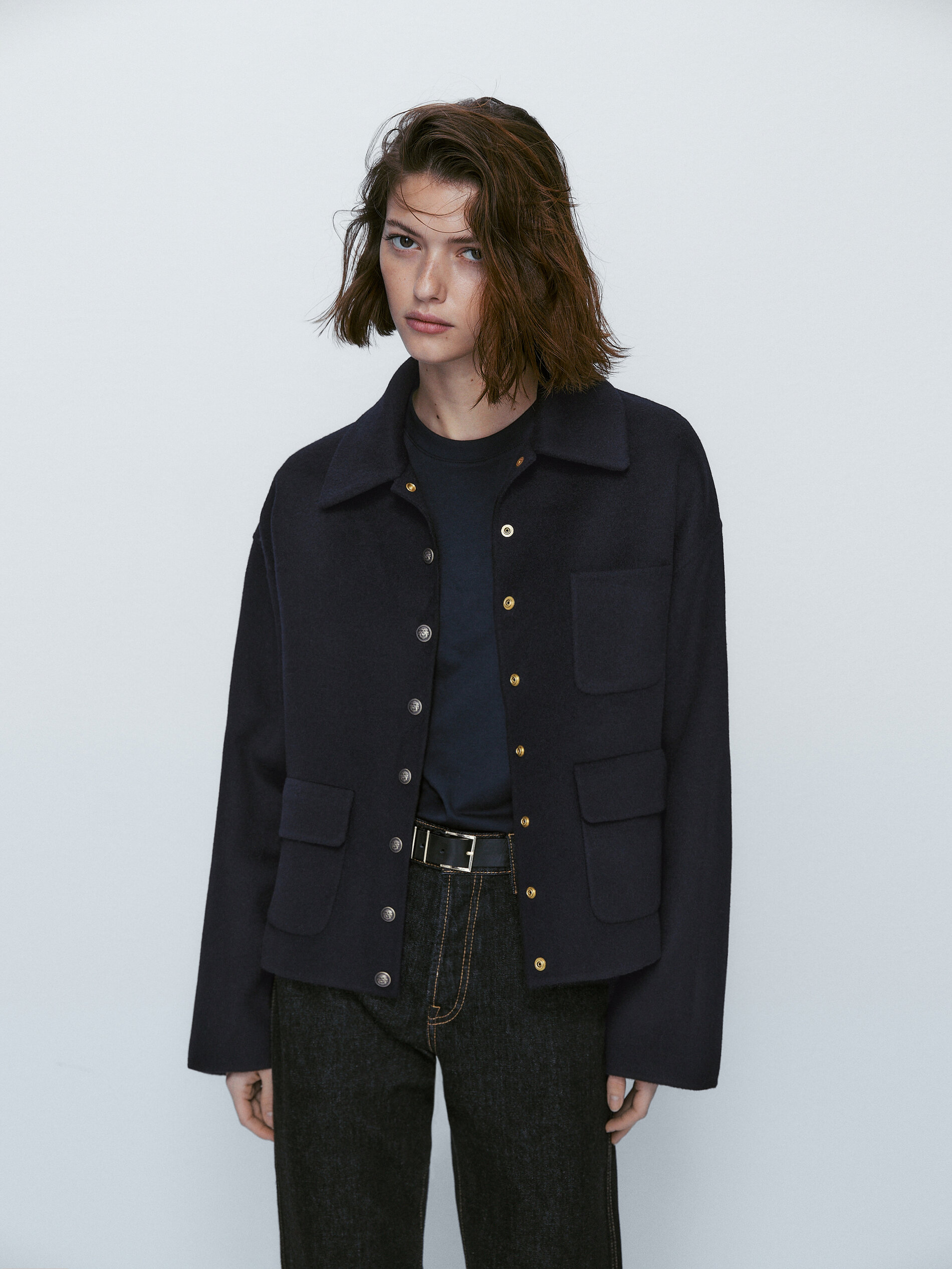 Abrigo corto mezcla lana botones dorados - AZUL MARINO