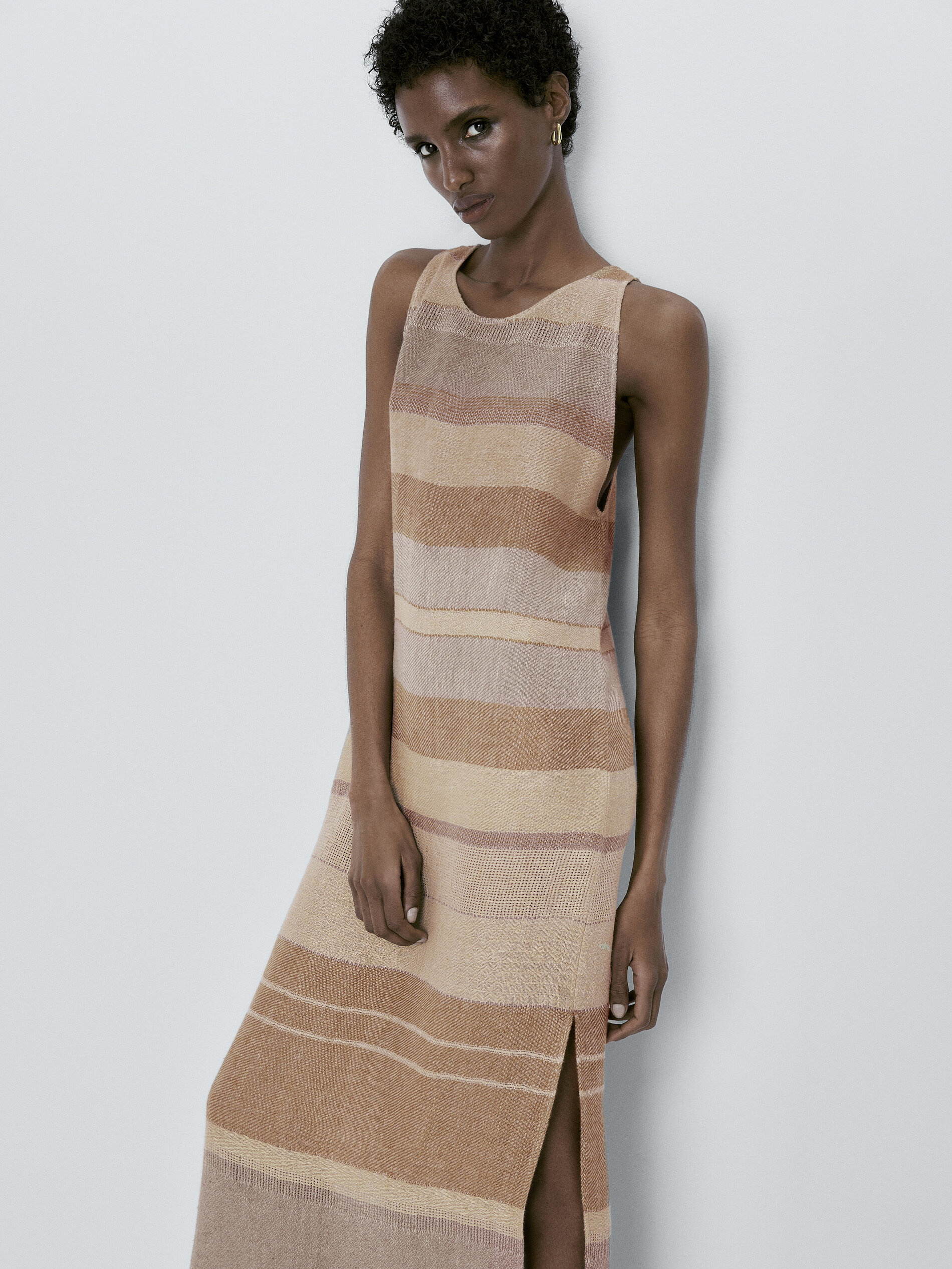 Vestido rústico rayas 100% lino - MARRÓN