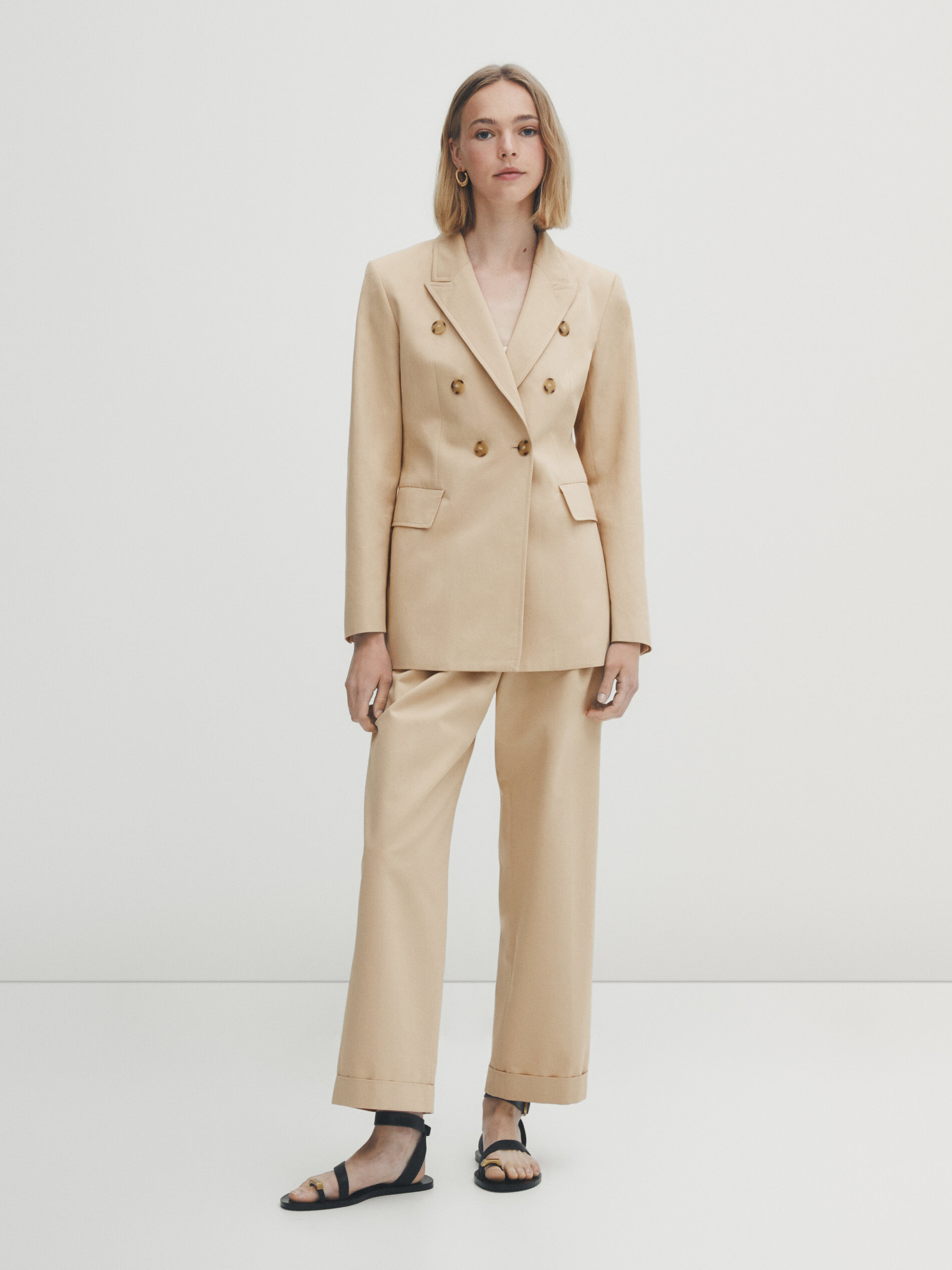 Americana cruzada mezcla algodón lino - Beige Claro