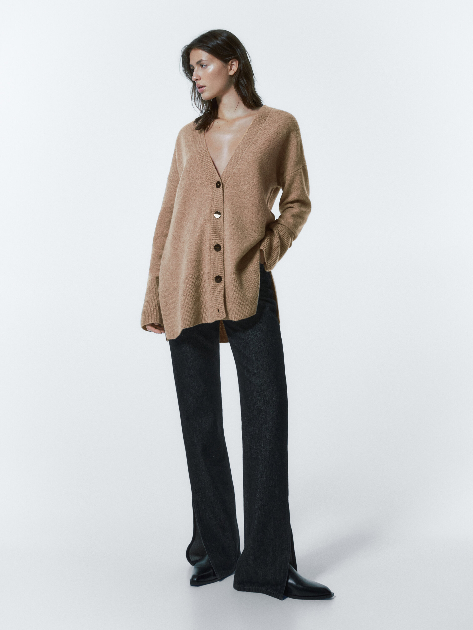 Cárdigan botones mezcla lana cashmere - CRUDO MEDIO