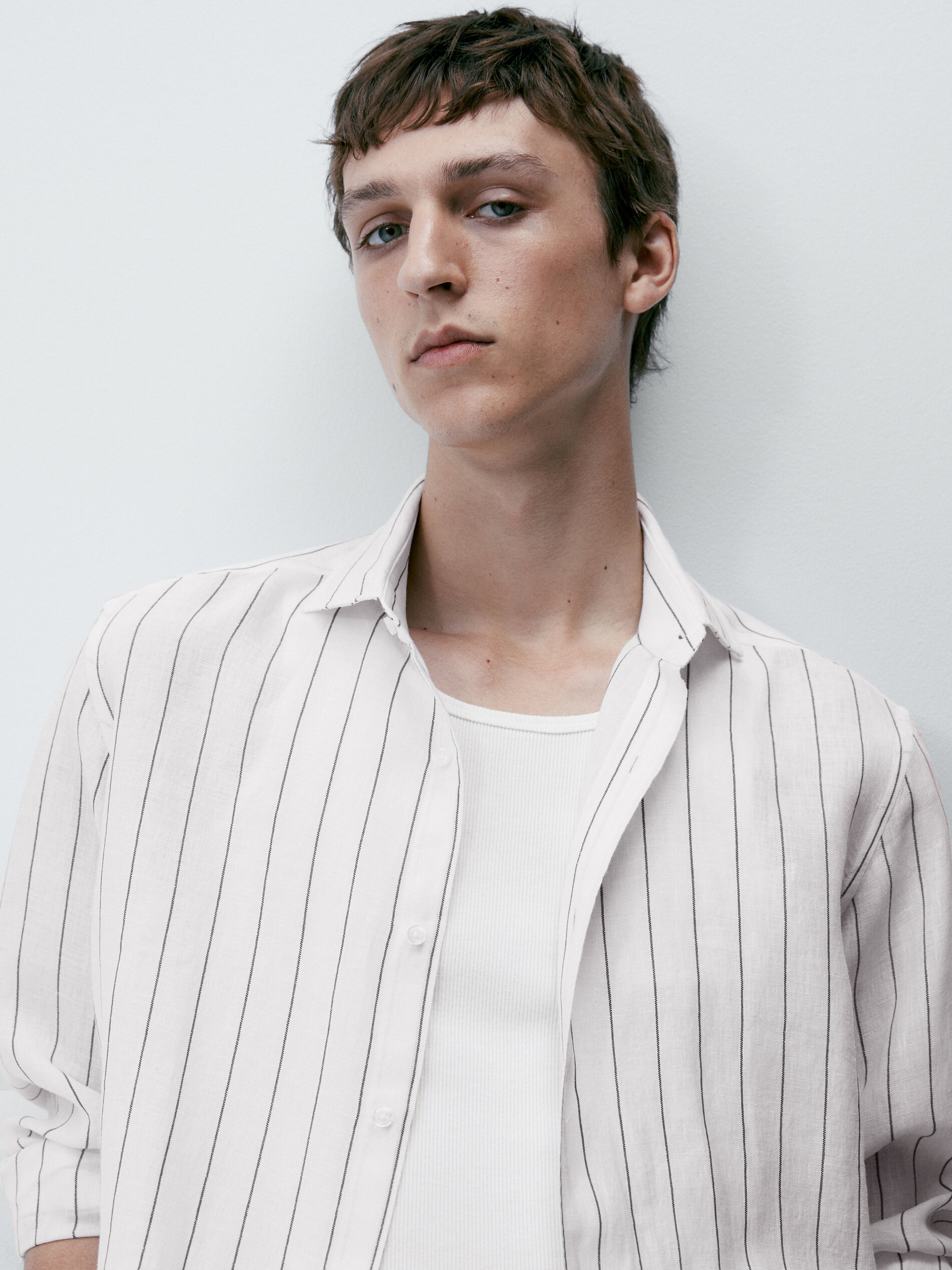 Camisa rayas mezcla lino algodón regular fit - AZUL OSCURO